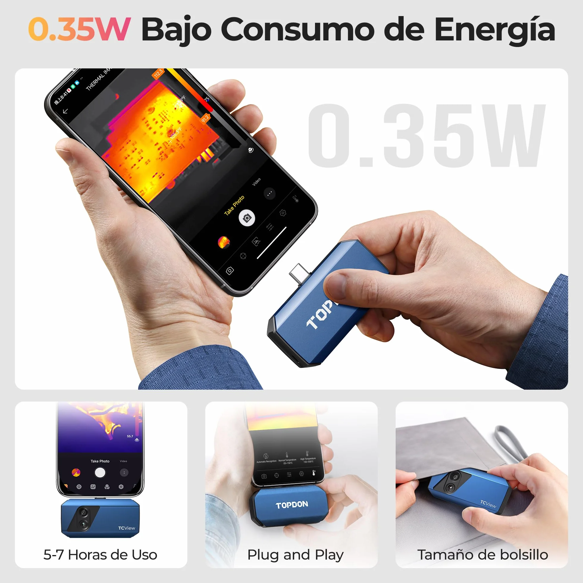 TOPDON TC001 Plus Cámara Térmica para Android, con Cámara Visual, 512x384 Resolución TISR, Rango de Temperatura -20℃ a 550℃, 25Hz Frecuencia de Actualización, Cámara Termográfica Infrarroja USB-C