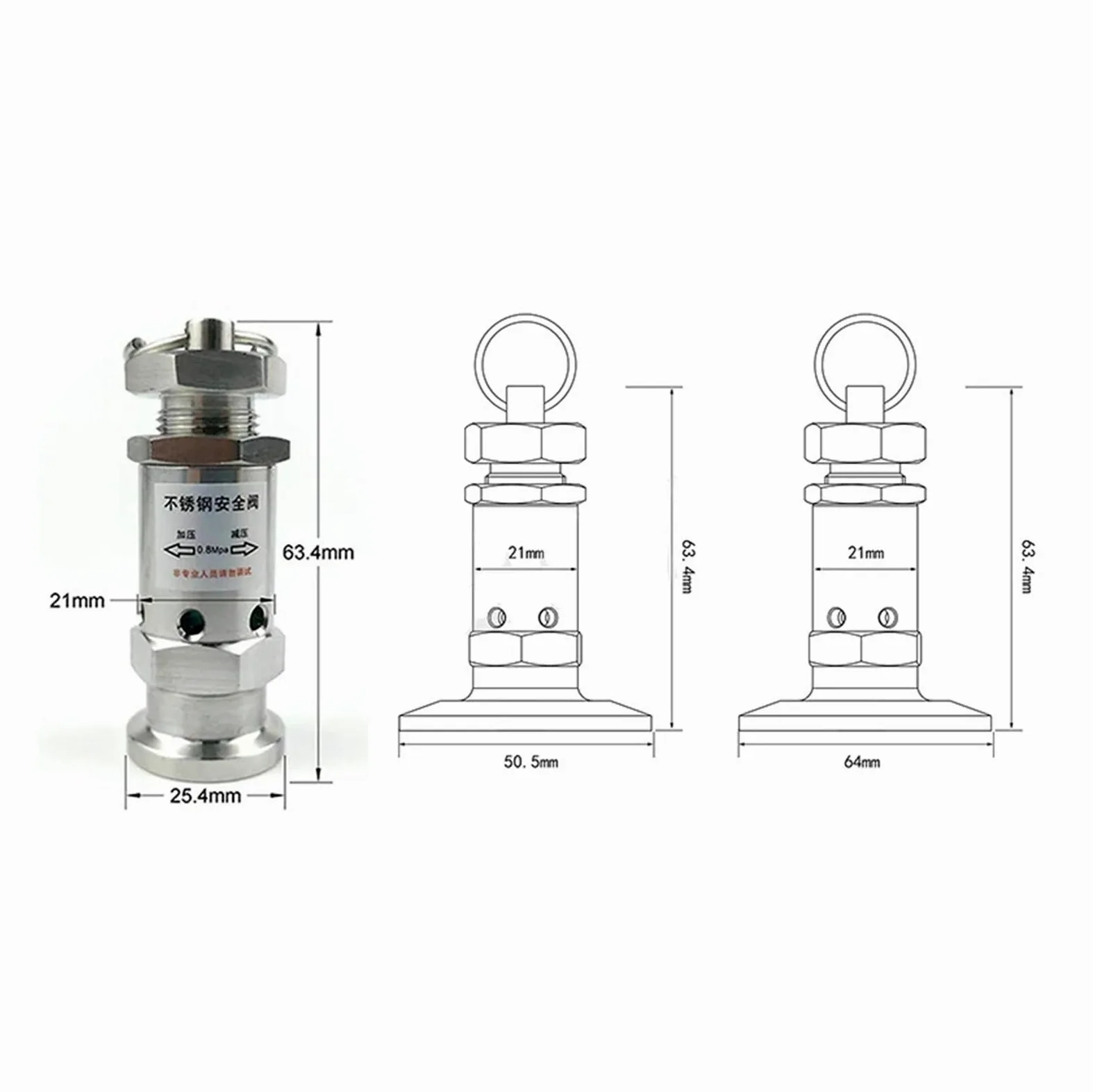 Válvula de presión de Triple Abrazadera de 1/2", 1,5" y 2", diámetro Exterior 50,5, Acero Inoxidable 304(9bar)