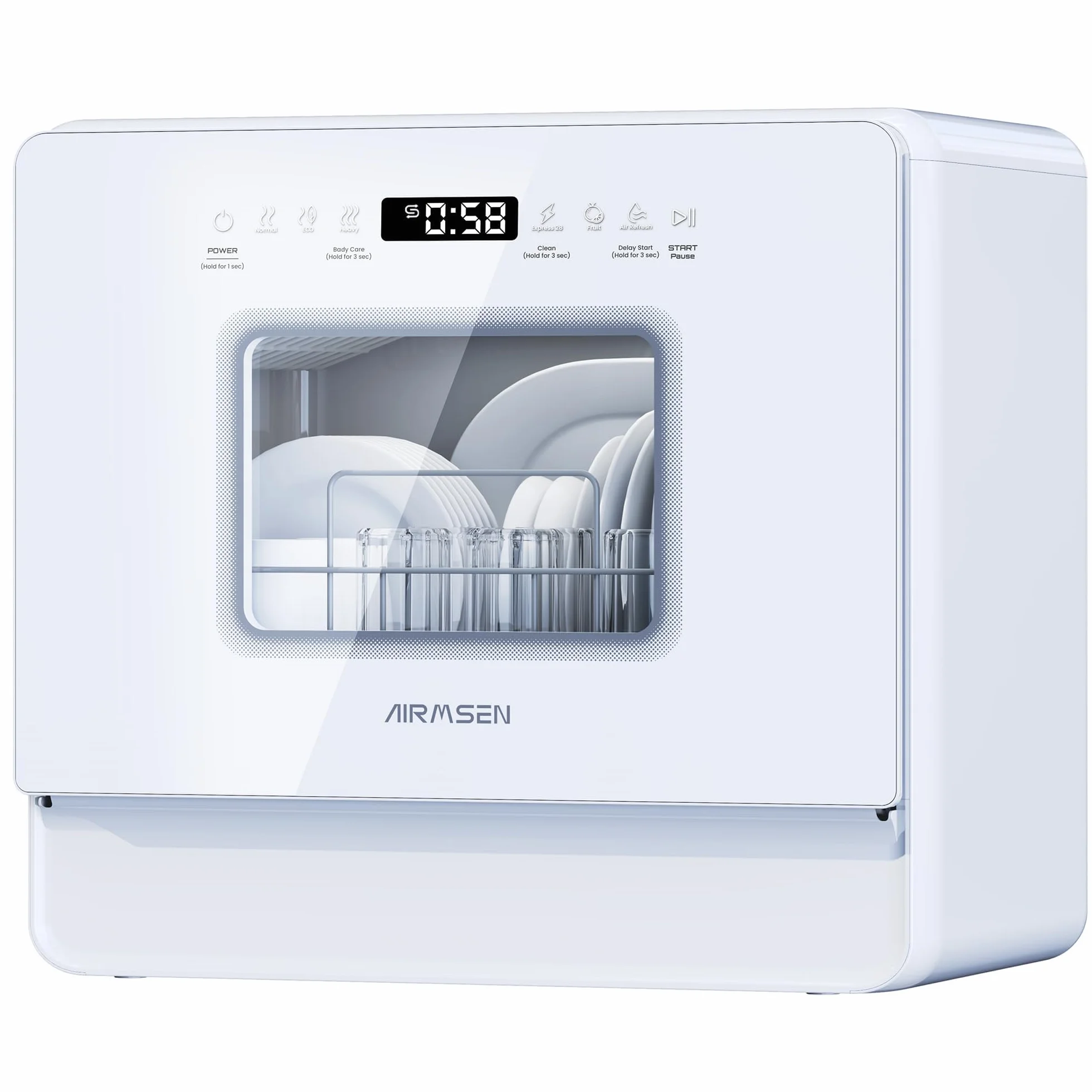 AIRMSEN Lavavajillas Portátil Pequeño 7+2 Programas Sal Absoftante Depósito 5L Control Táctil Pantalla LED Blanco