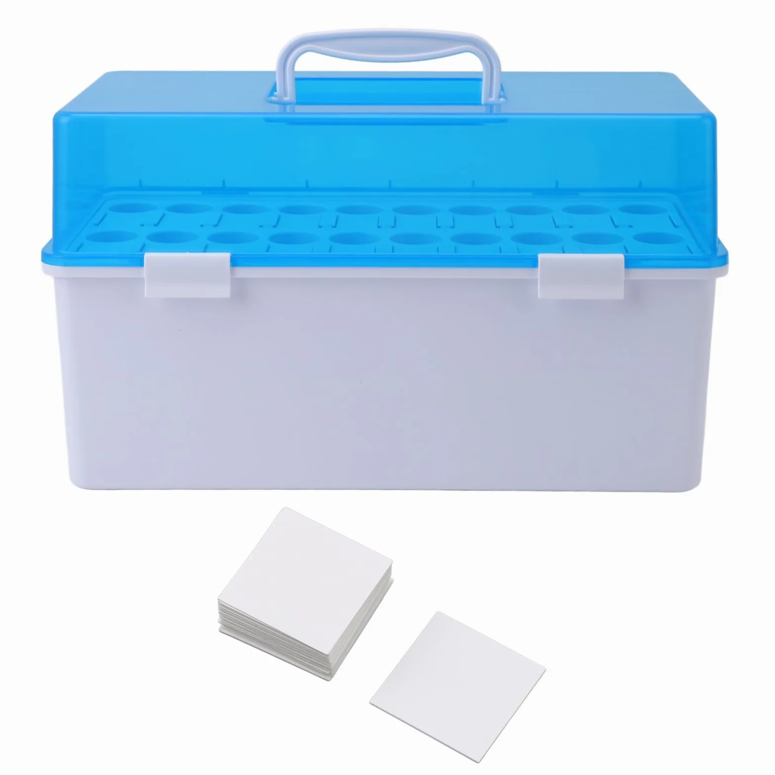 Caja de almacenamiento de tubos de ensayo con asa portátil, tapa a prueba de polvo, capacidad para 20 soportes para tubos de ensayo, para laboratorios de investigación científica,