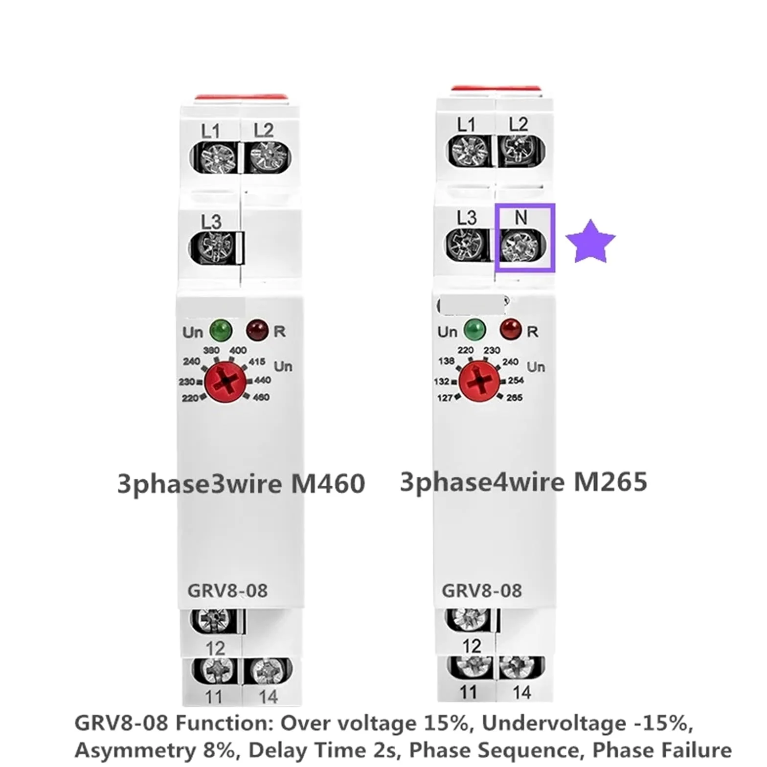 GRV8-08 Relé de sobretensión y subtensión, fallo de fase, secuencia de fase, relé de Control de asimetría, 1 Uds. (Size : GRV8-08D M460)