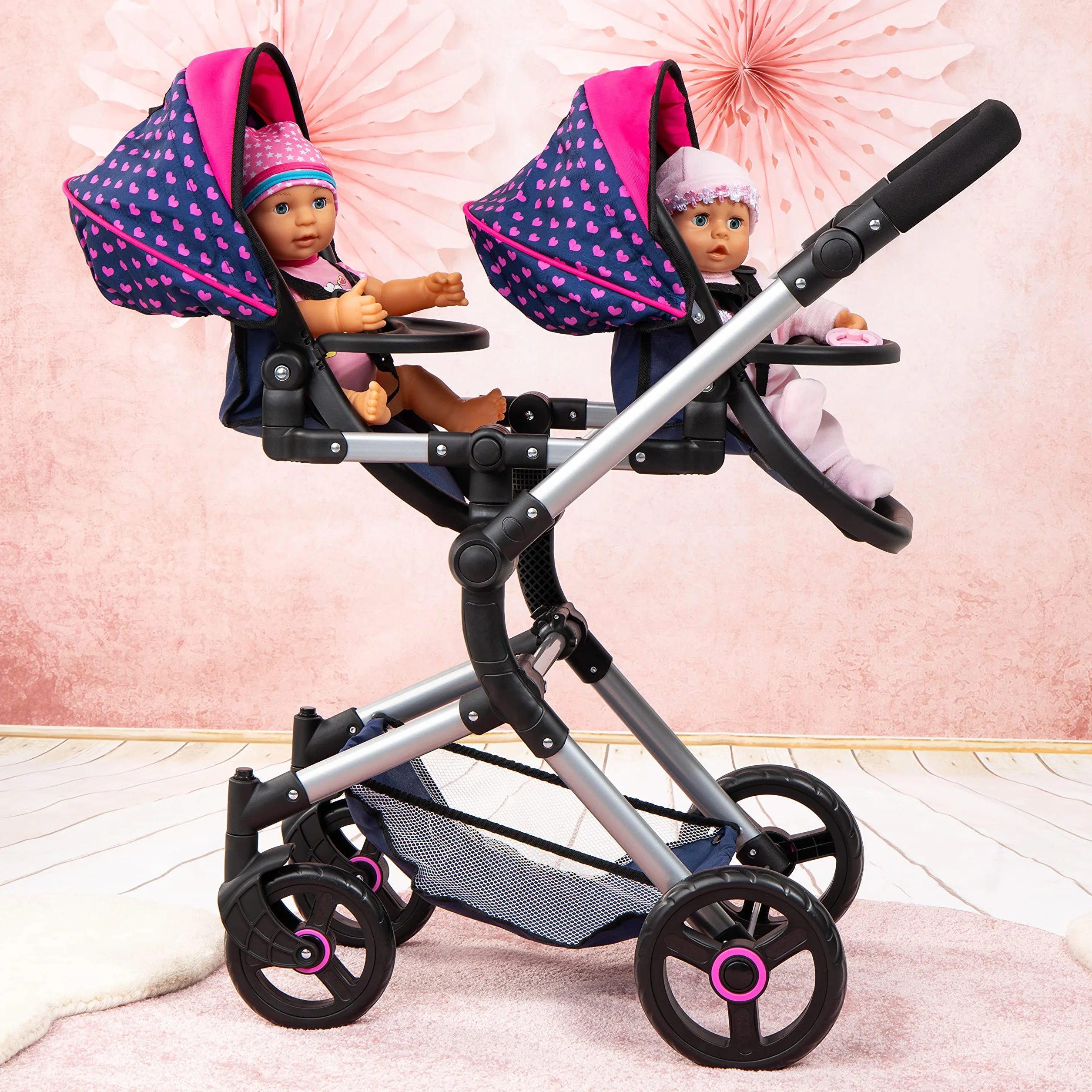 Bayer Design Cochecito de Muñeca Gemelas, Carrito Paseo Ajustable en Altura, Plegable, Azul Unicornio Corazones