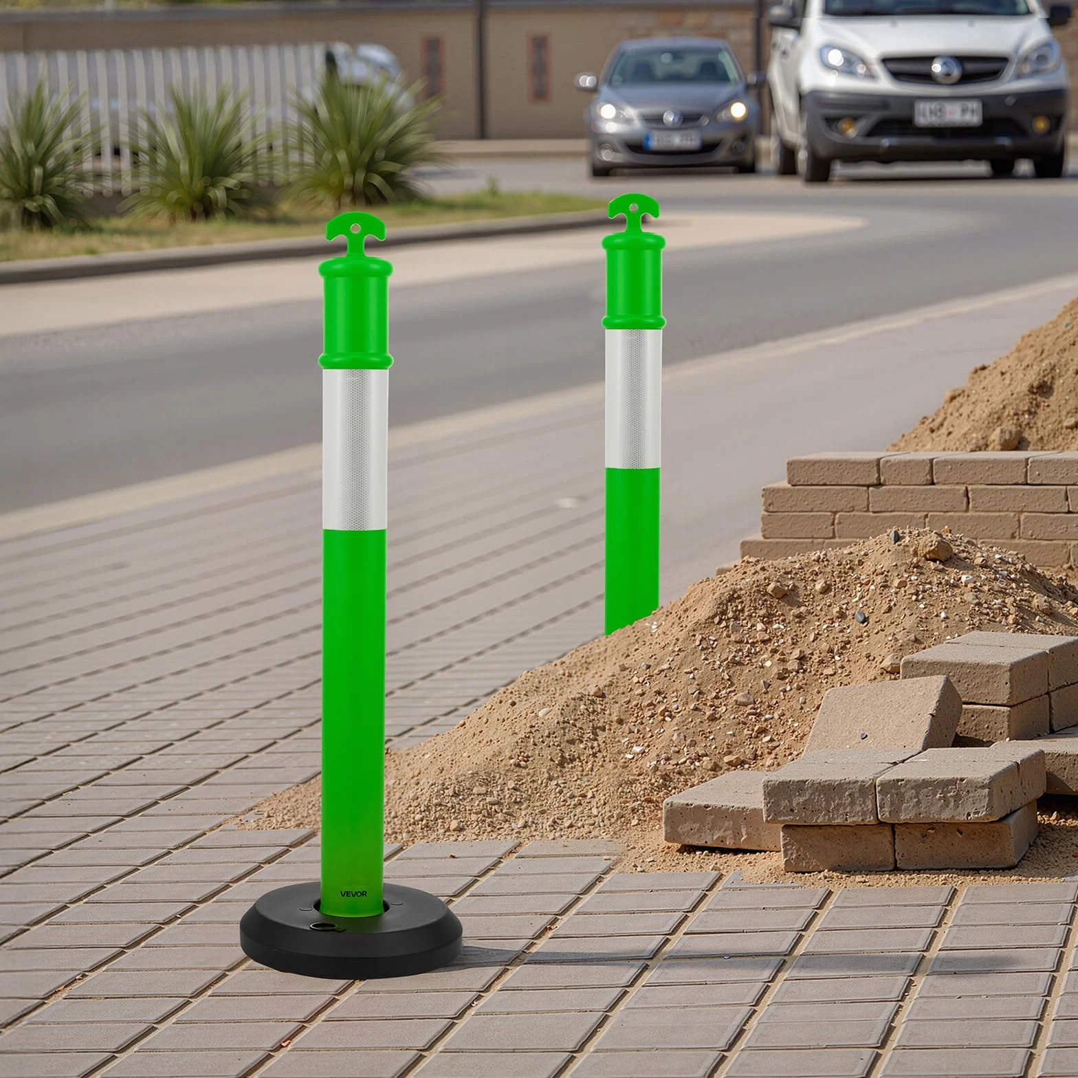 VEVOR Postes de Tráfico 3 Piezas Bolardo 1140 mm Base Rellenable Banda Reflectante Verde