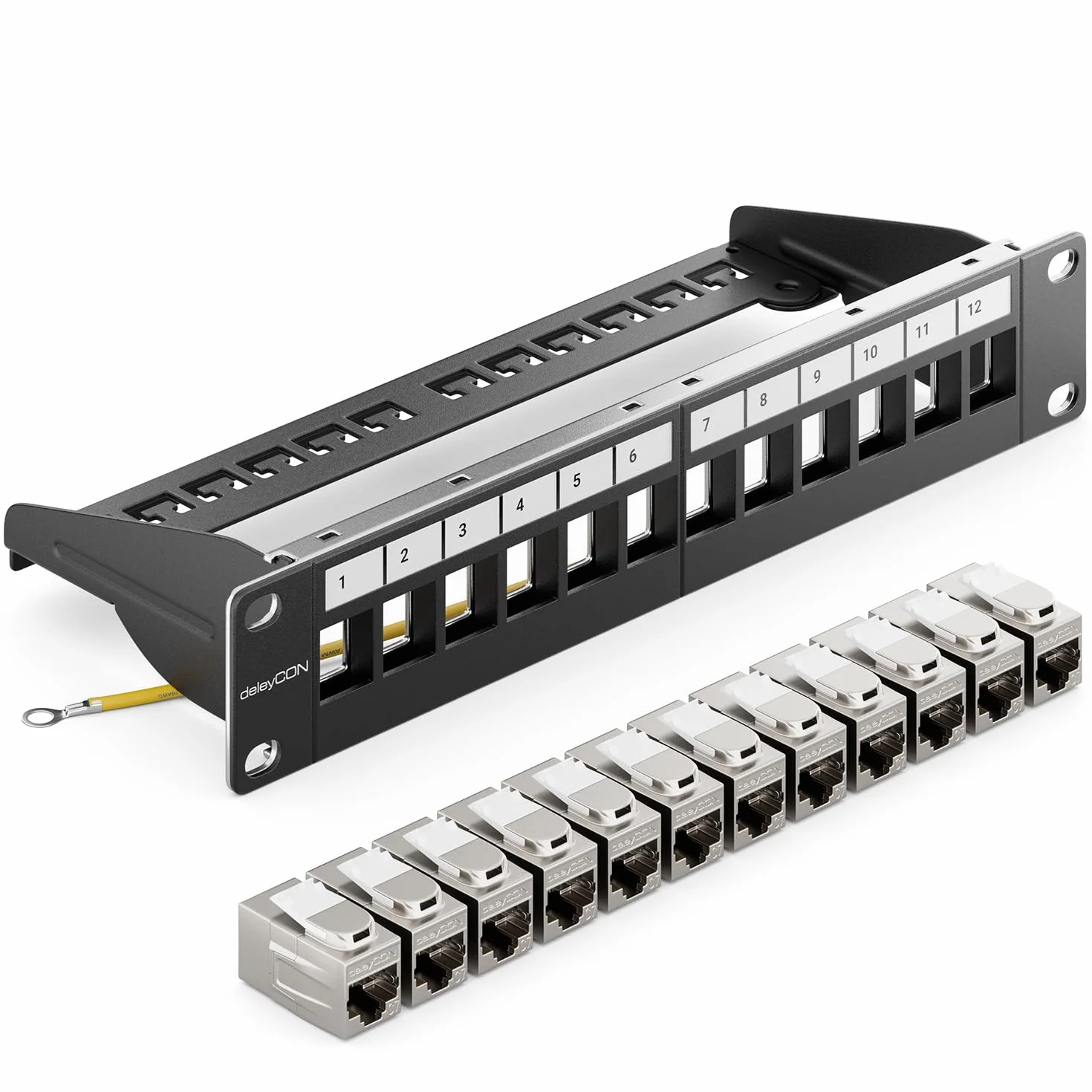 deleyCON Panel de conexión modular 12 puertos CAT 7 + 12 módulos Keystone 10 pulgadas negro