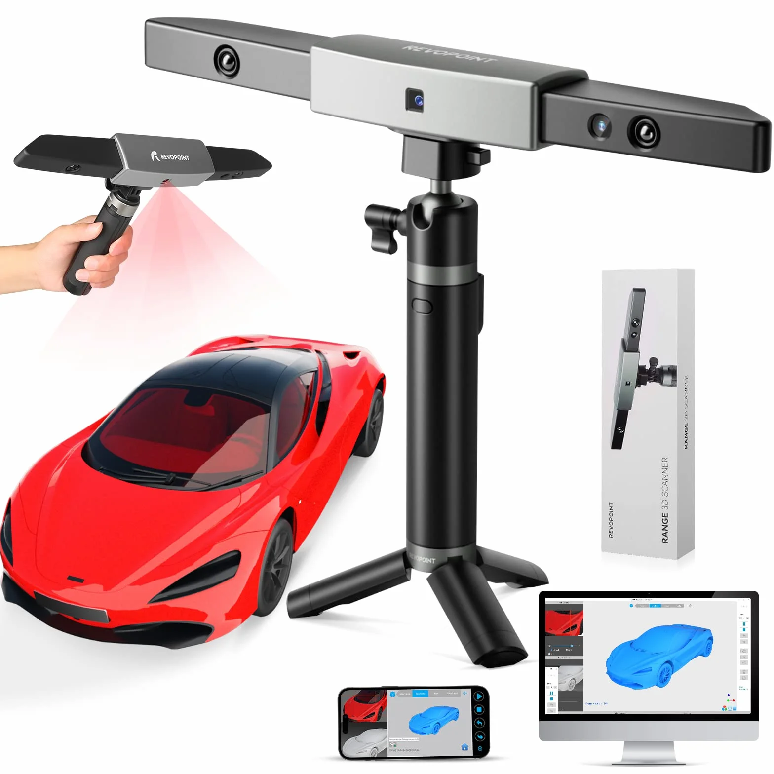Revopoint RANGE Escáner 3D, Precisión 0,1mm, Velocidad 18 fps, Área 360 mm x 650 mm Para Objetos Grandes, Ingeniería Inversa, Impresoras 3D