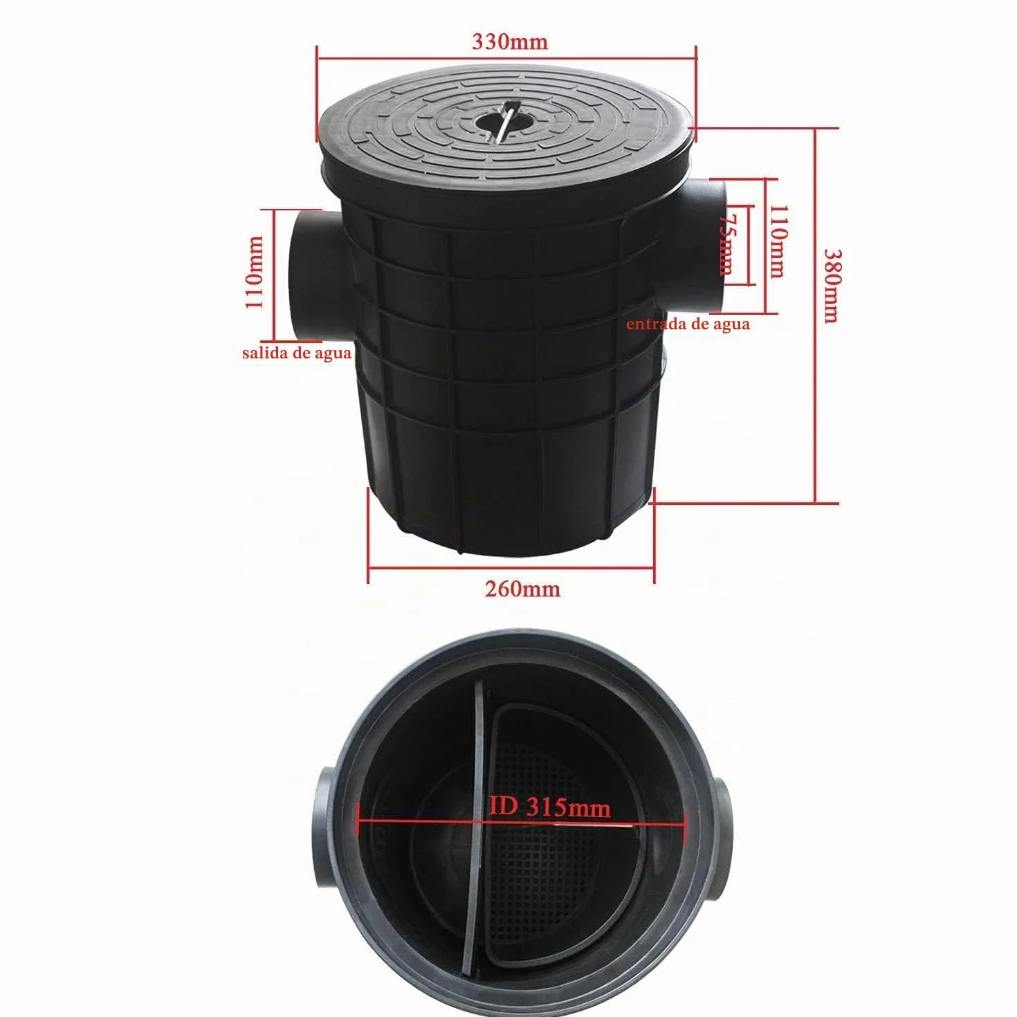 Trampa grasa subterraneo HDPE separador de grasas cocina fregadero para restaurantes o gastronomía (ID315mm - Salida OD110mm)
