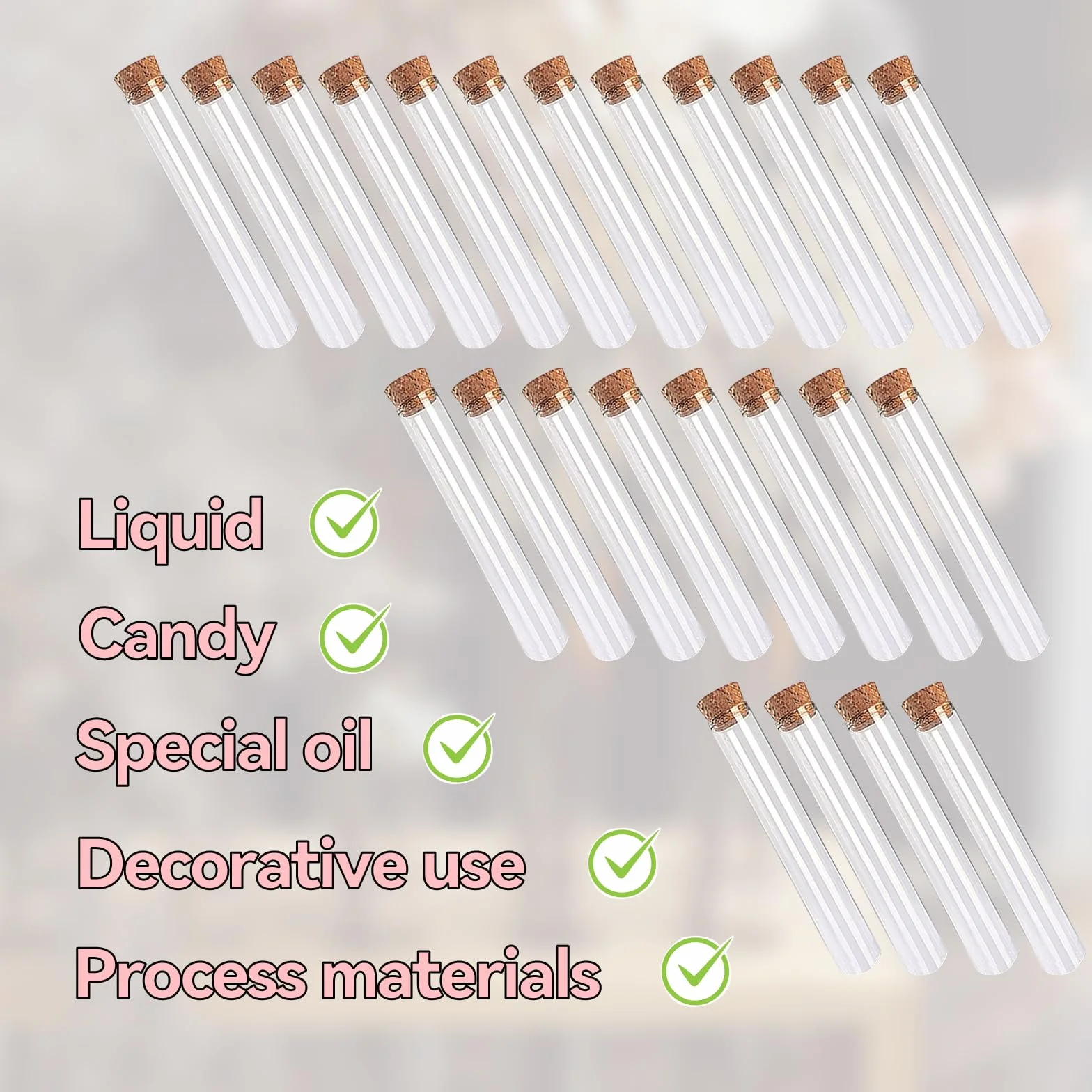 ZoeTekway Juego de 24 tubos de ensayo con tapones de corcho, plástico duro transparente