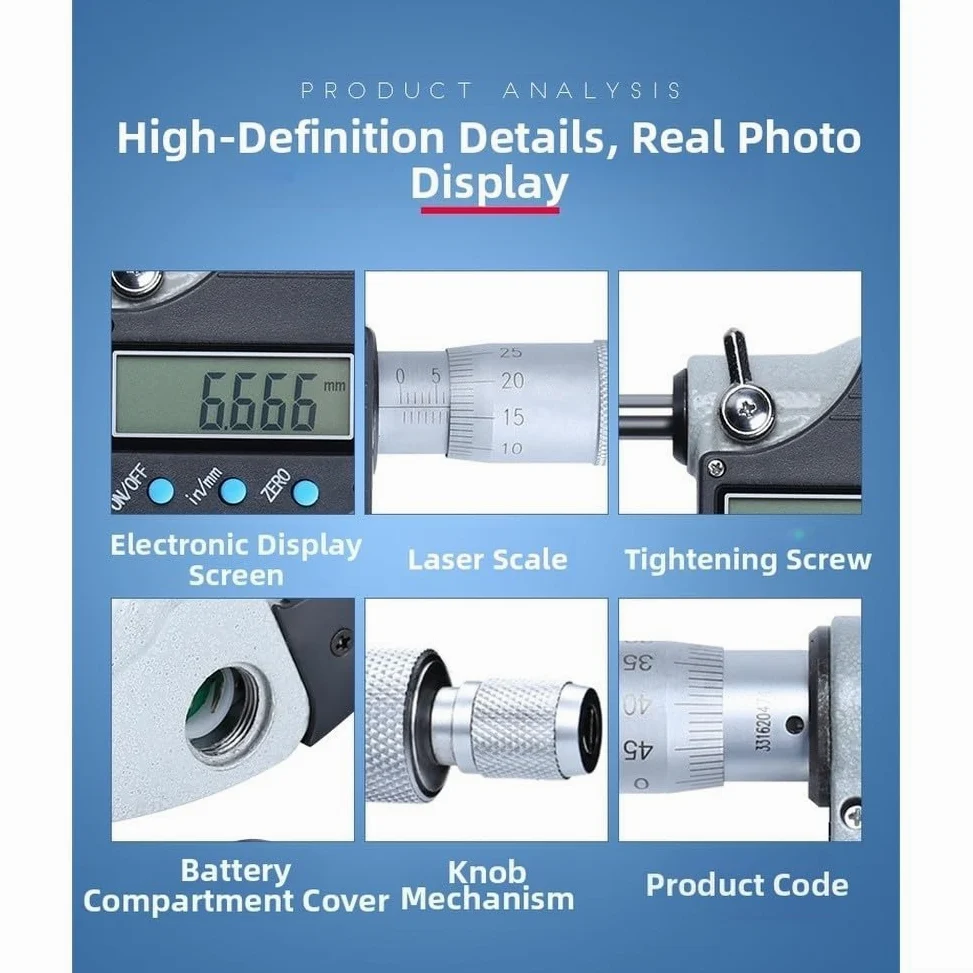 Micrómetro electrónico con pantalla digital de 0.001 mm de pulgada mm, conversión resistente al desgaste, caras de carburo, escala mecánica, respaldo plateado (50-75 mm)