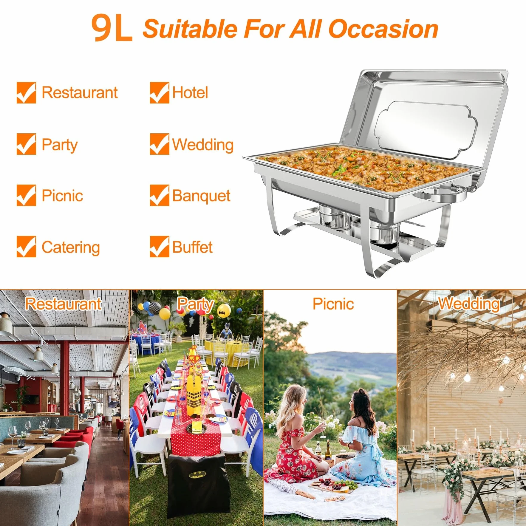 Juego de 4 Platos Calentadores Buffet 9L Acero Inoxidable Rectangular con Bandeja y Marco Plegable