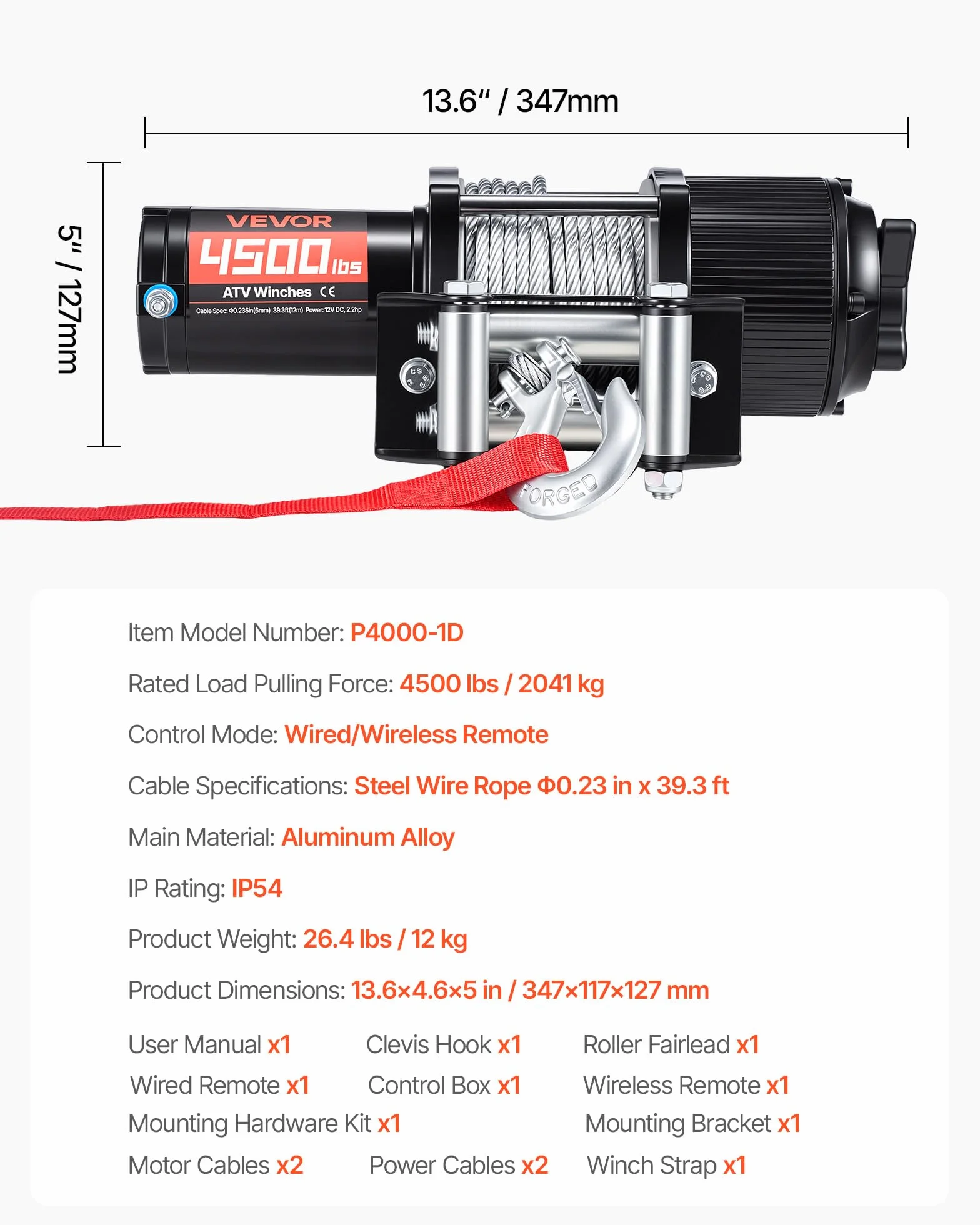 VEVOR Cabrestante Eléctrico 12V 2041 kg para ATV UTV con Cuerda de Acero 6 mm x 12 m, Motor 1,6 kW, IP54, Control Remoto con Cable e Inalámbrico con Guía de Rodillos, Placa de Montaje para Todoterreno