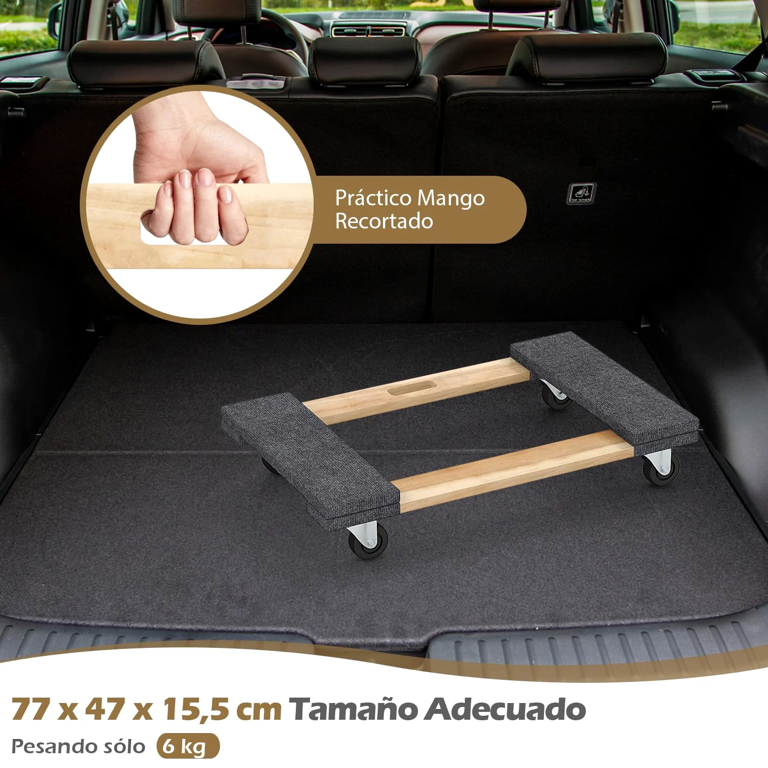 GYMAX Plataforma con Ruedas, 77 x 47 cm, Tabla de Ruedas de Madera de Acacia con 4 Ruedas Universales y Asa, Carga de hasta 450 kg, Tablero de Carro para Aparatos y Muebles con Cargas Pesadas