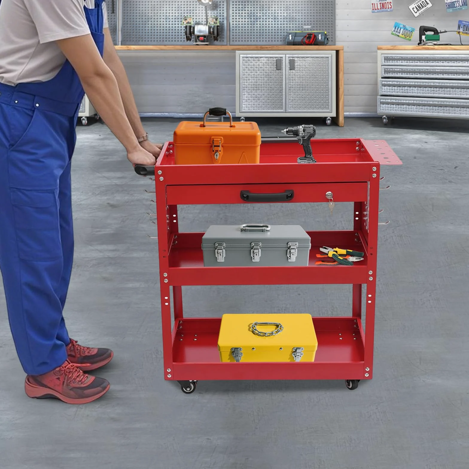 Carro de herramientas con 3 niveles, con cajón y ruedas con cerradura, capacidad de carga de 250 kg para almacén, garaje o taller (rojo)