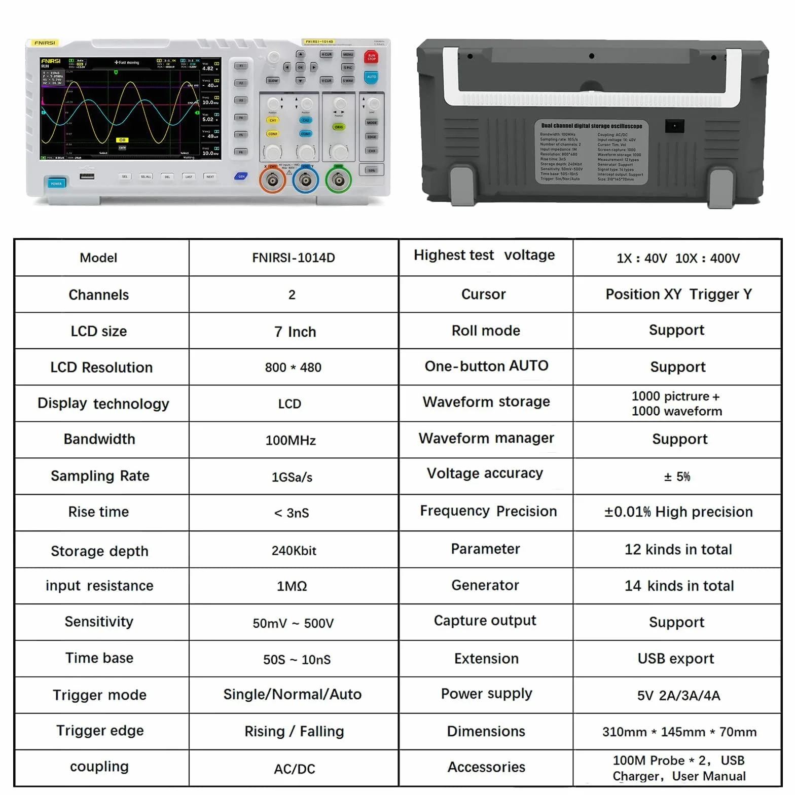 FNIRSI Osciloscopio 1014D - Osciloscopio digital 2 en 1, generador de señal DDS, 2 canales de 100 MHz de ancho de banda 1GSa/s