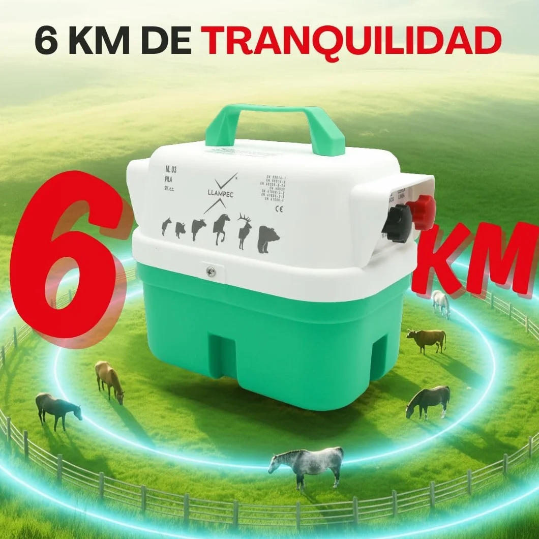 Pastor Eléctrico Llampec Mod.03 a Pila 9V – 0,37 J, 9.000 V y 6 km de alcance – Cerca eléctrica portátil para perros, gatos, caballos y vacuno – Autonomía 90 días – Fabricado en España
