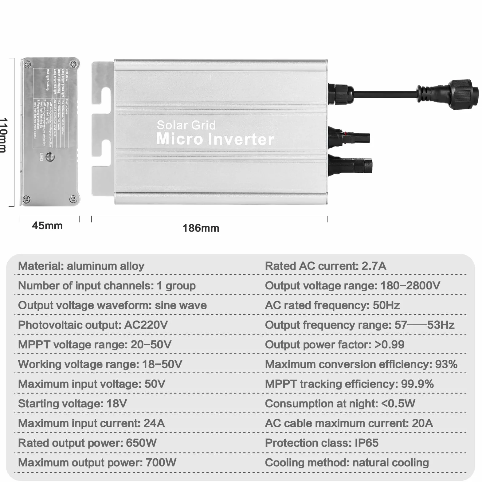 DEWIN Microinversor, Microinversor Solar 700W 230V Inversor de Onda Sinusoidal Conectado A la Red IP55 Inversor de Conexión A la Red Solar de Aleación de Aluminio A Prueba de Agua