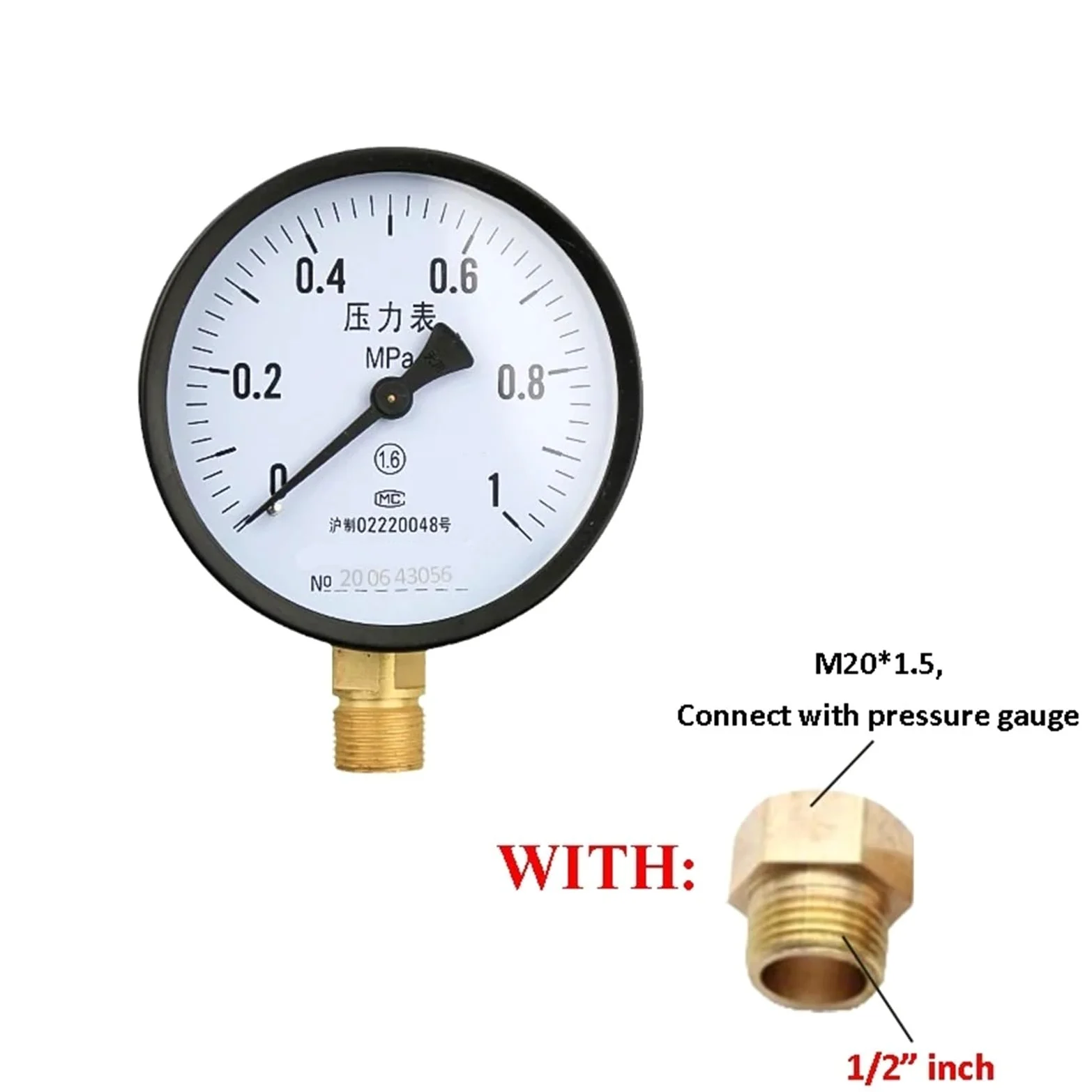 Manómetro de presión de agua/aire/vacío con dial de 100 mm Manómetro universal de agua a gas con rosca métrica M20*1,5 Unidad Manómetro Mpa(Only Gauge,0-0.1Mpa)