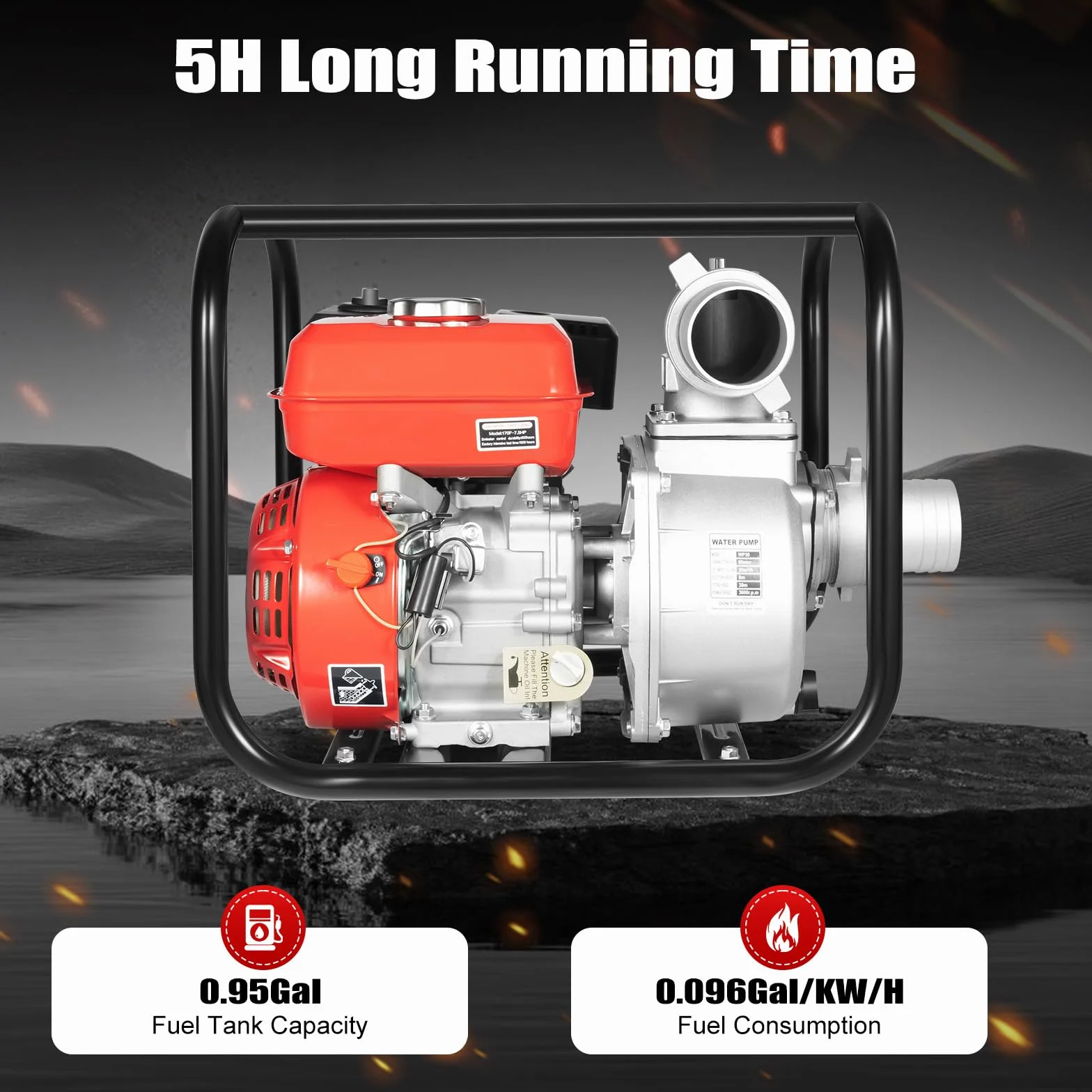 OUKANING Bomba de agua de gasolina 7,5 HP, altura de extracción de 30 m, conexión de 2 a 3 pulgadas, motor de bomba de jardín de 4 tiempos, portátil para riego, drenaje, agricultura y bomberos (tipo B