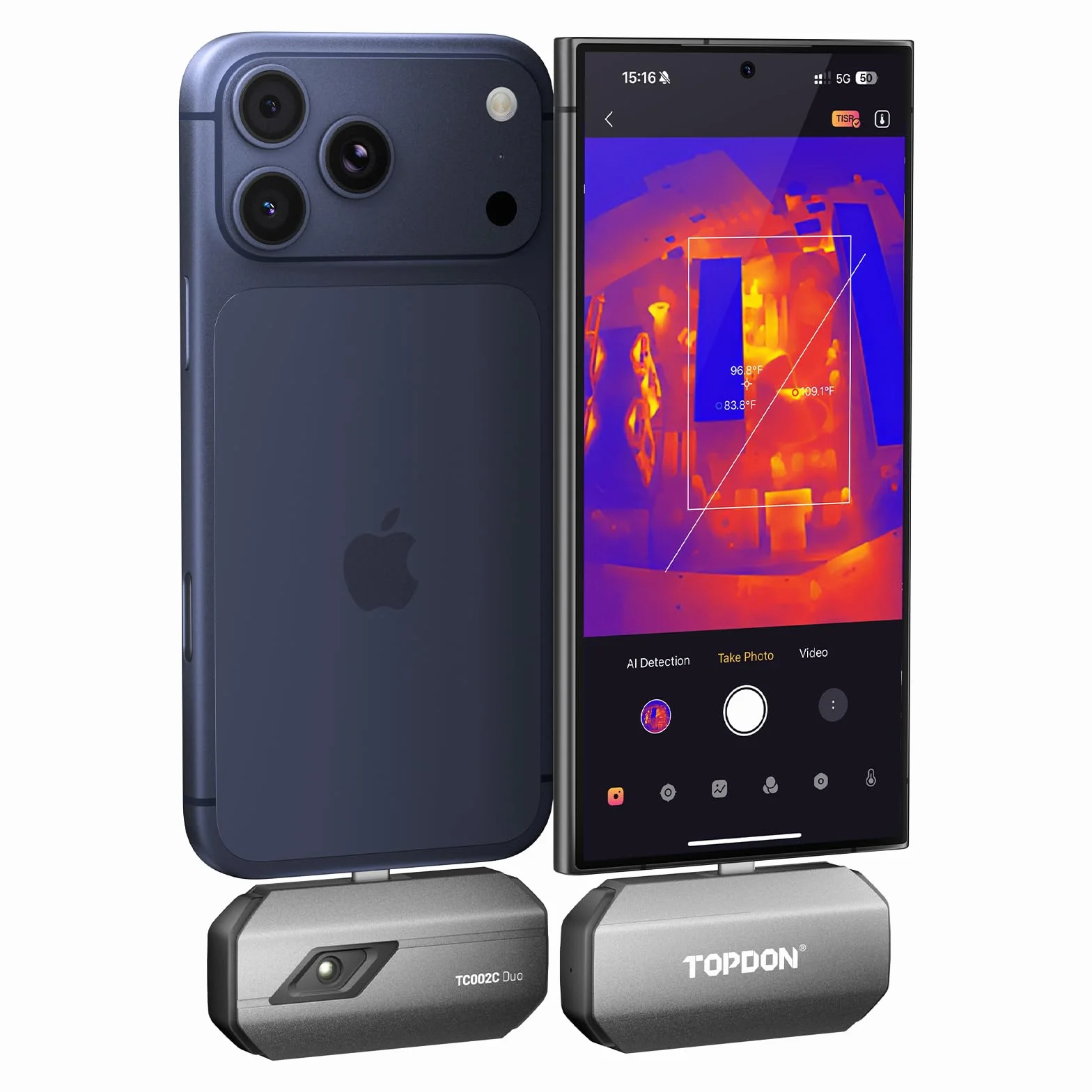 TOPDON Cámara Térmica TC002C Duo para iPhone/Android/Windows, 512x384 Resolución TISR, Cámara Termográfica de -20℃ a 550℃, 40mk Sensibilidad Térmica, 25Hz Frecuencia Actualización