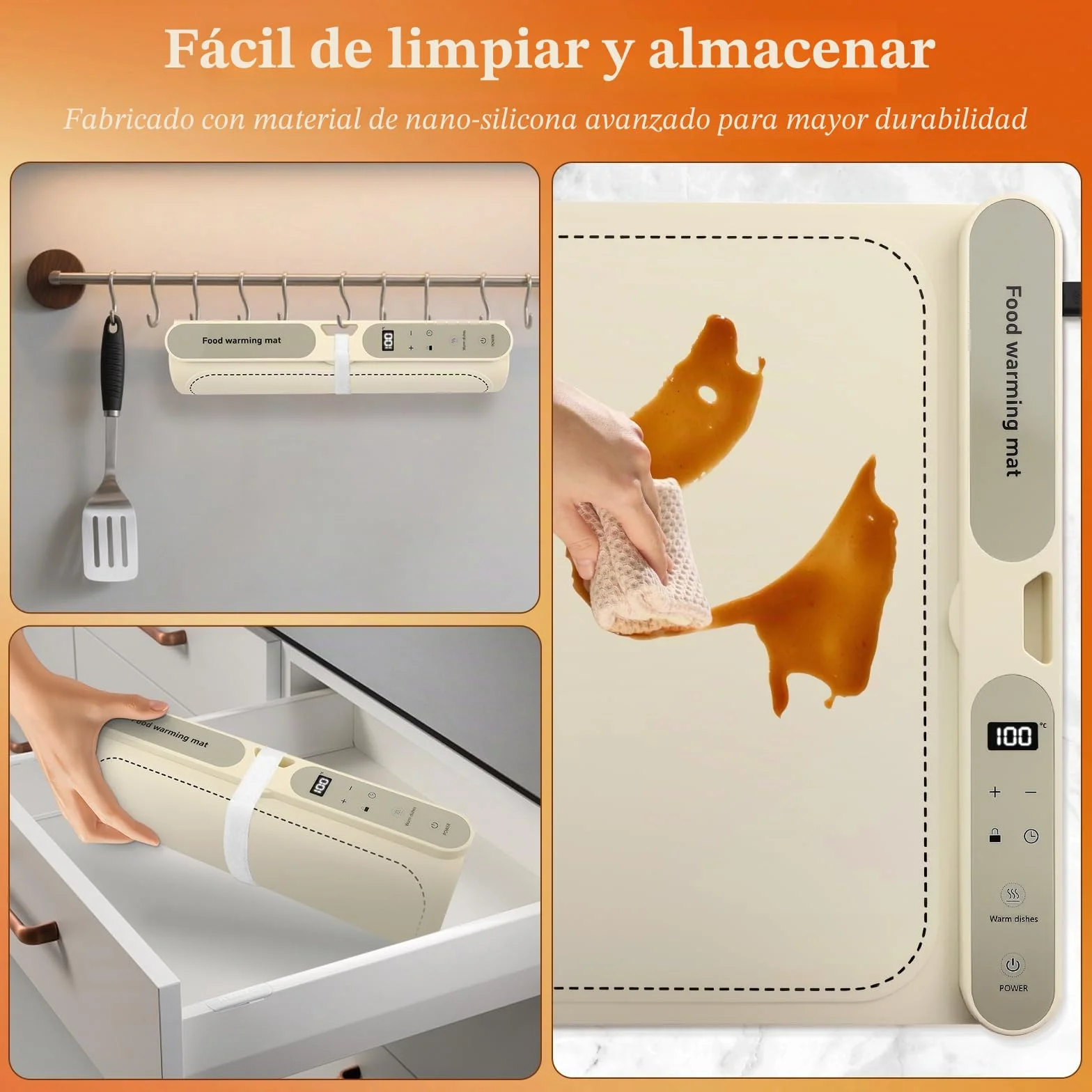 Calentador de Alimentos Eléctrico - Control de Temperatura de 9 Niveles de 40-120 °C - Placa Caliente Flexible y Plegable con Temporizador - Para Bufés, Parrillas, Biberones - Fácil de Limpiar