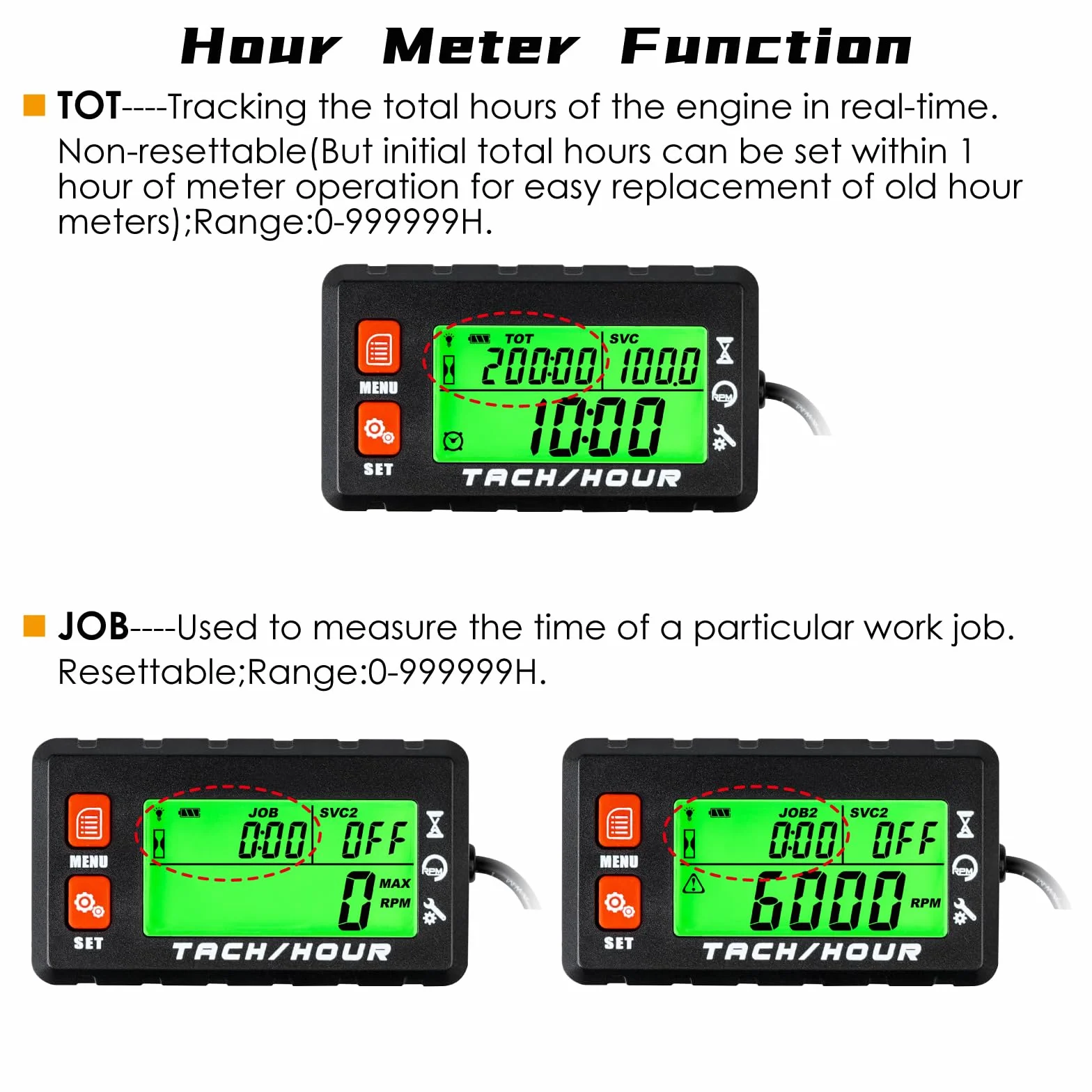 Tacómetro digital contador de horas impermeable con pinza de cocodrilo y batería reemplazable