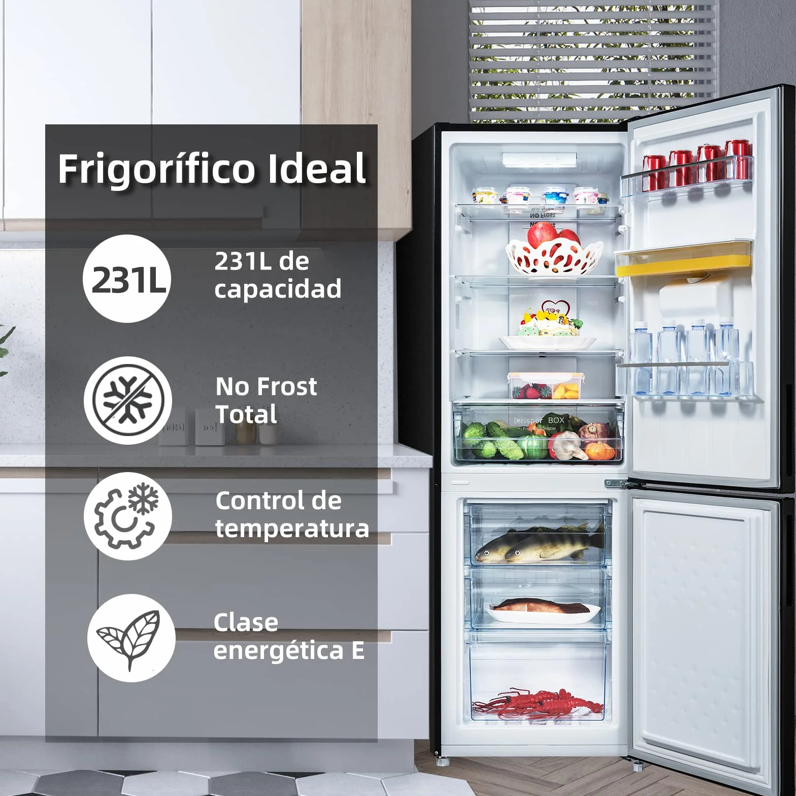 CHiQ FBM228NE4DE No Frost Combi Refrigerator 231 L, flujo de aire múltiple, dispensador de agua, 170 cm
