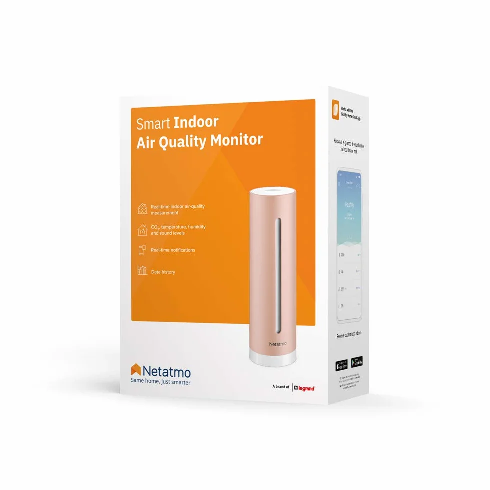 Netatmo Medidor Inteligente de Calidad del Aire Interior, Sensor de CO2, Temperatura, Humedad, Ruido - Control del Hogar, Ambiente Saludable, Alertas Automáticas - NHC-EC