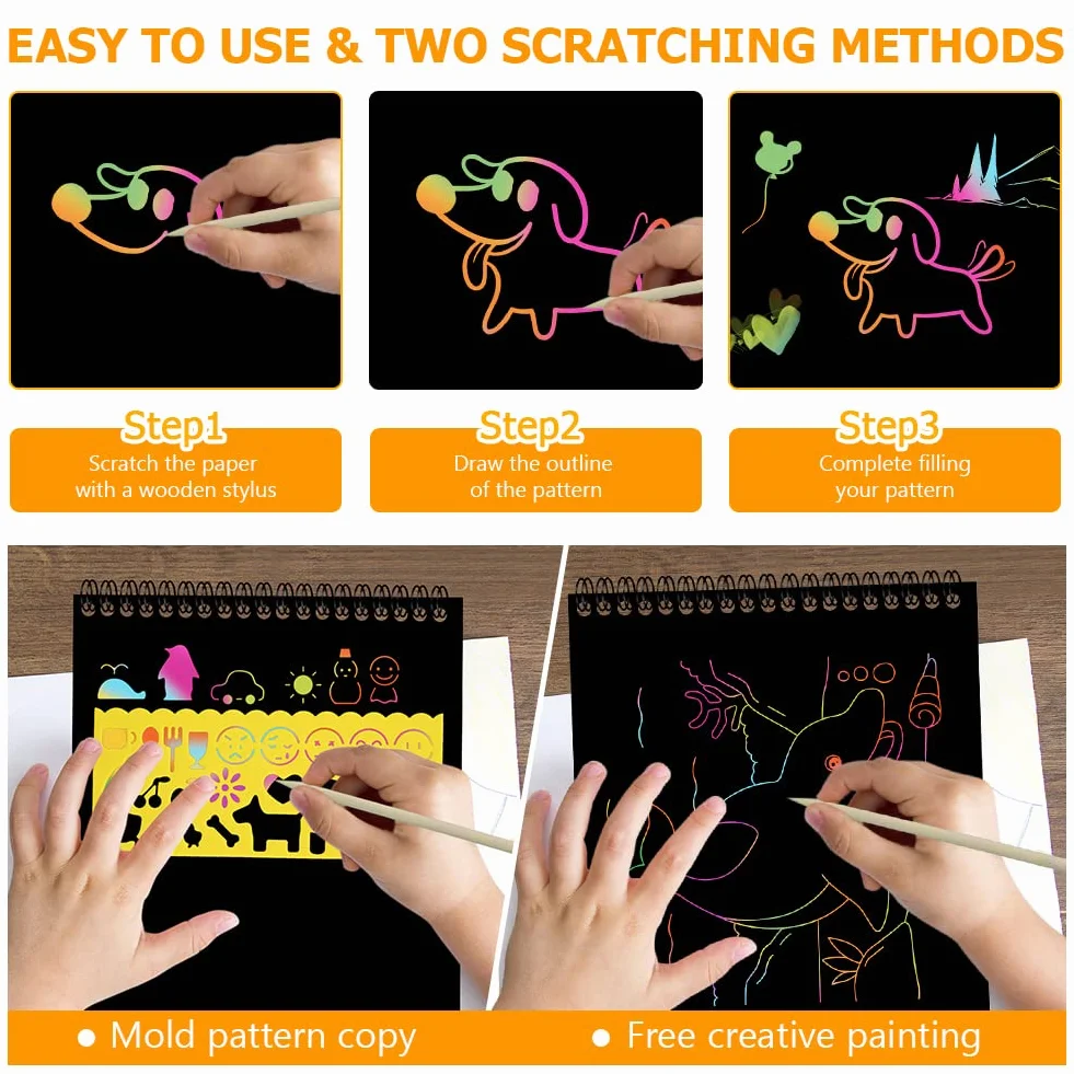 OFFCUP Scratch Art Manualidades Creativas, 2pcs Papel de Rascar para Niños con 4 Plumas de Bambú y 4 Plantilla de Pintura