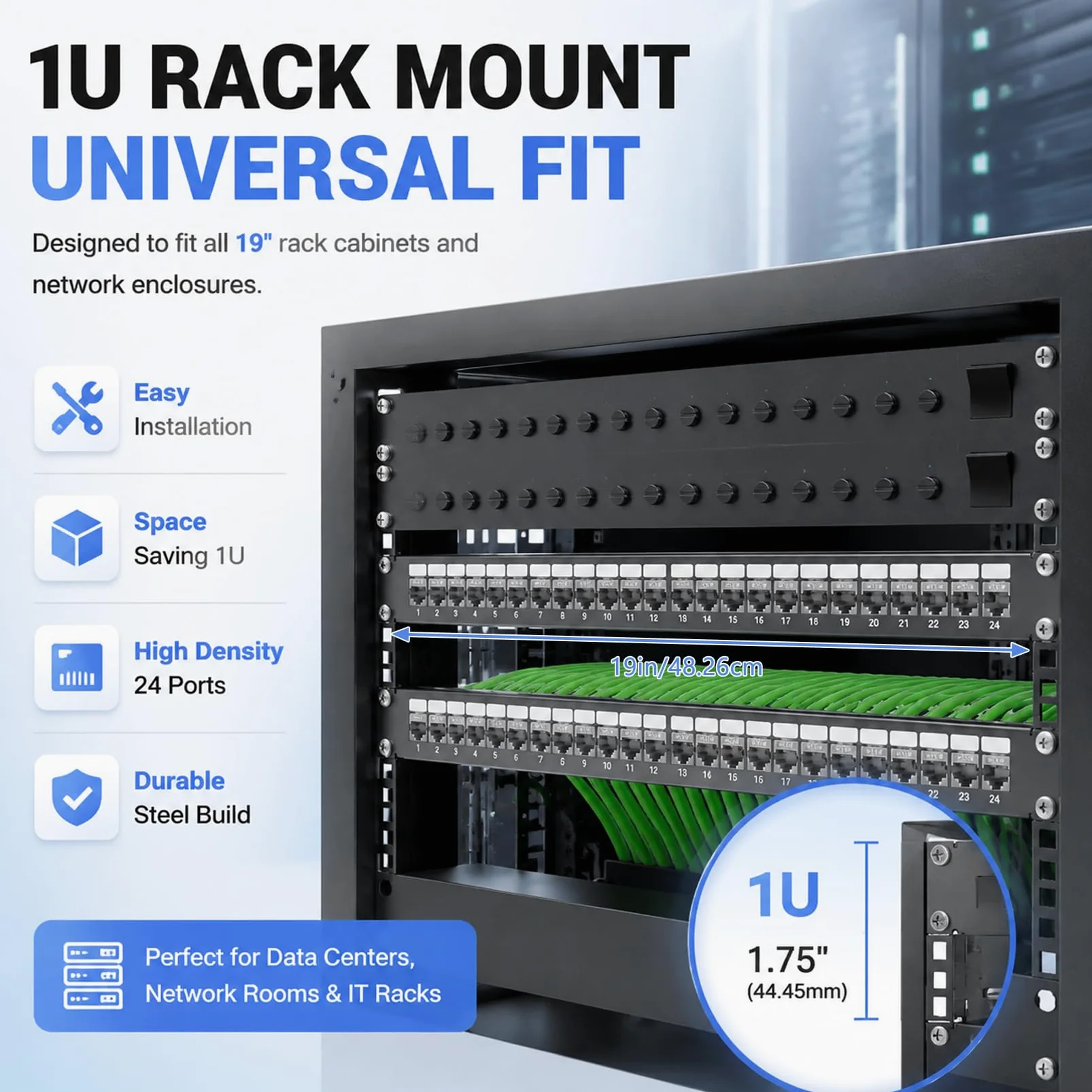 Panel de conexión de 19 pulgadas y 24 puertos, panel de conexiones blindado con módulos Keystone, acoplamiento CAT 7 Keystone RJ45, panel de conexiones 1U en blanco para rack de red