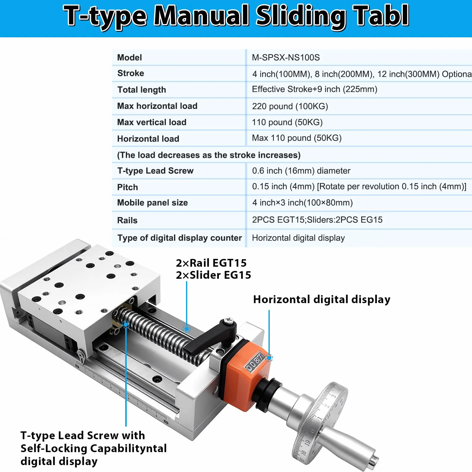 Mesa deslizante de movimiento lineal manual con autobloqueo, pantalla digital, módulo lineal, doble riel, eje Z, carga máxima horizontal: 220 lb (100 kg), 8'' (200 mm) para CNC y bricolaje.