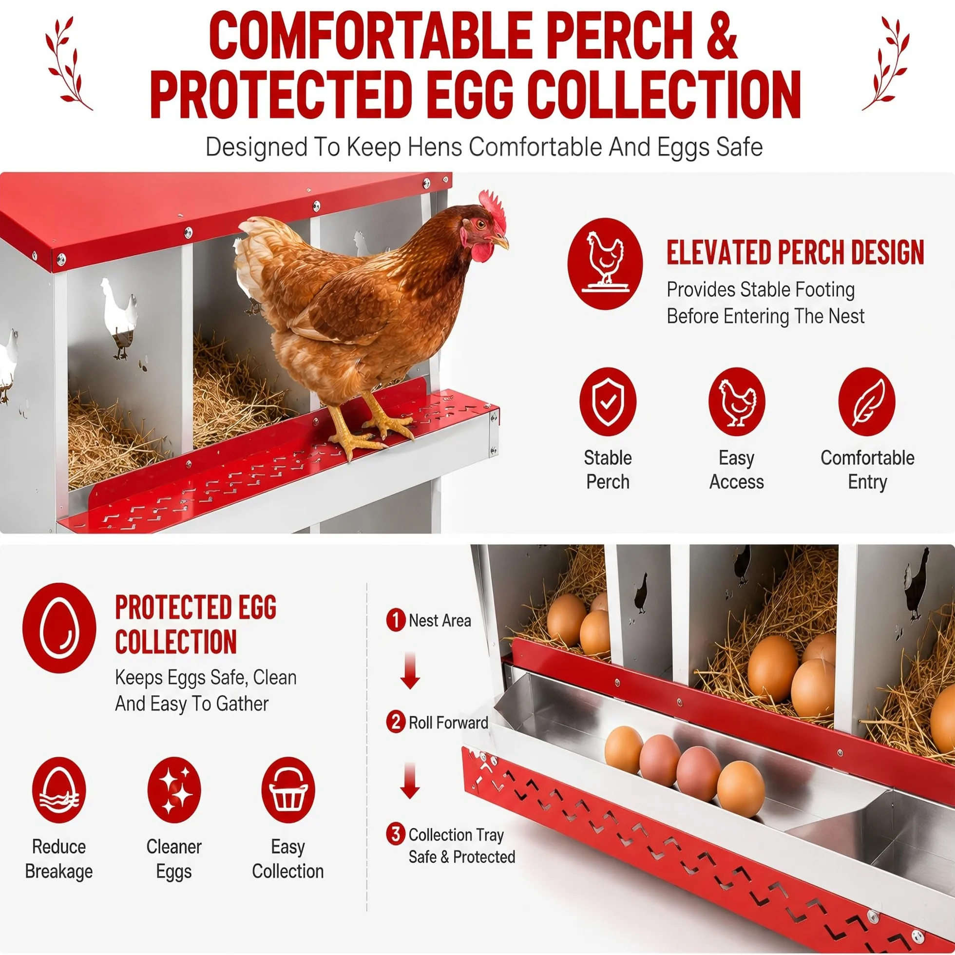 Garvee Caja Nido para Gallinas 8 Compartimentos, Nidal de Acero Galvanizado con Ventilación Lateral, Bandeja Extraíble