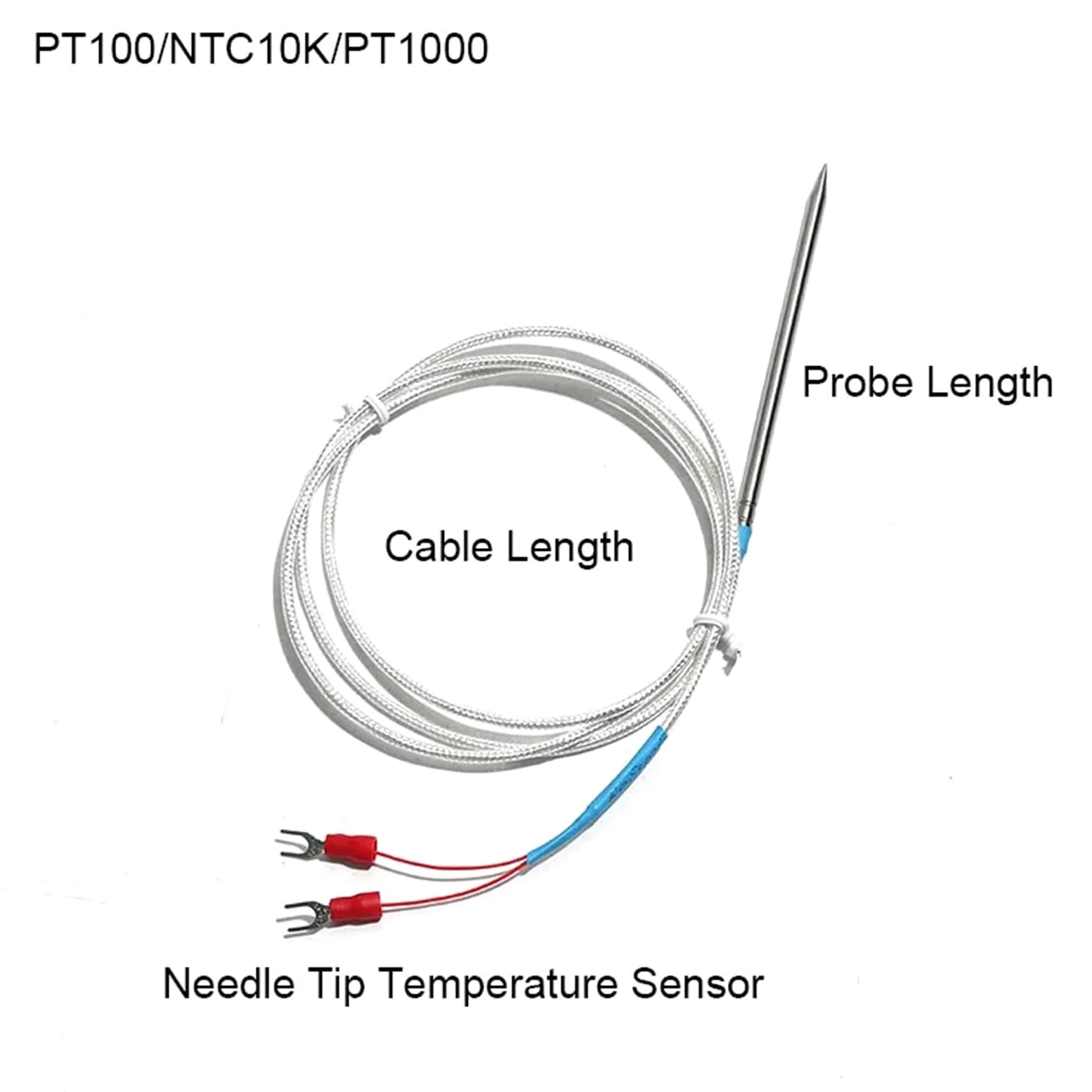 Termopar de resistencia térmica con punta de aguja NTC10K/PT100/PT1000 insertado en acero inoxidable SUS304 de grado alimenticio de 4 x 100 mm(PT100 Cable5m)