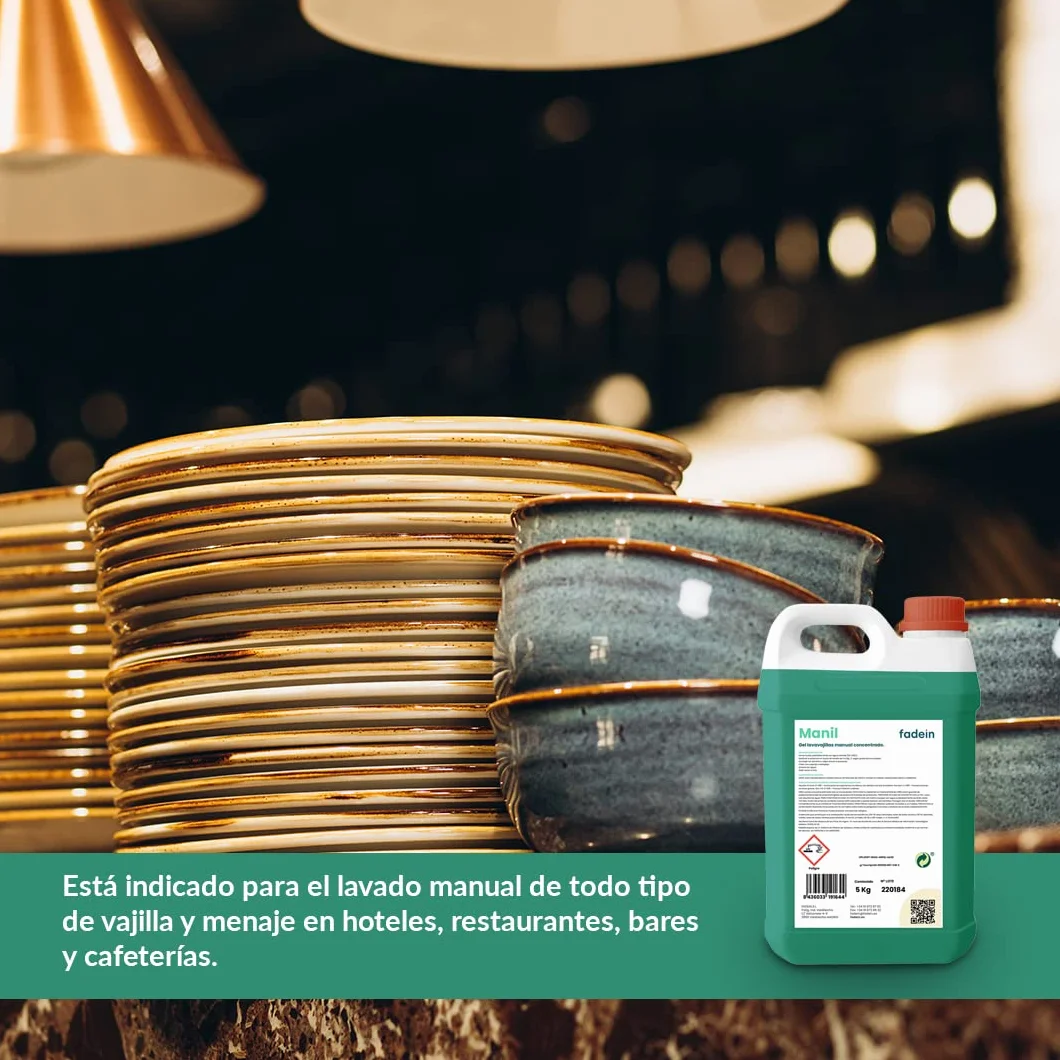 Fadein | Manil | Gel Lavavajillas Manual | Detergente Líquido | Concentrado | Detergente para Platos | Vajilla | Hostelería, Bares, Cafeterías y Restaurantes | Espumoso | 5L