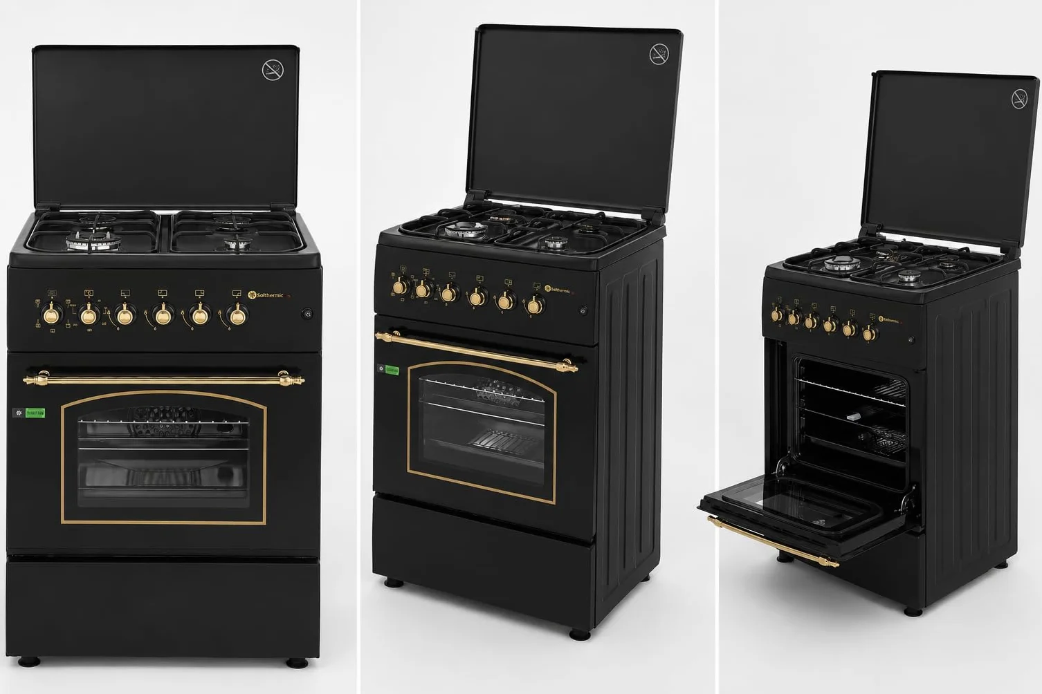 SOLTHERMIC F6S40E5RB Cocina Gas con Horno Eléctrico Turbo 60 cm 4 Fuegos Encendido Automático Horno Multifunción 60 L Negra