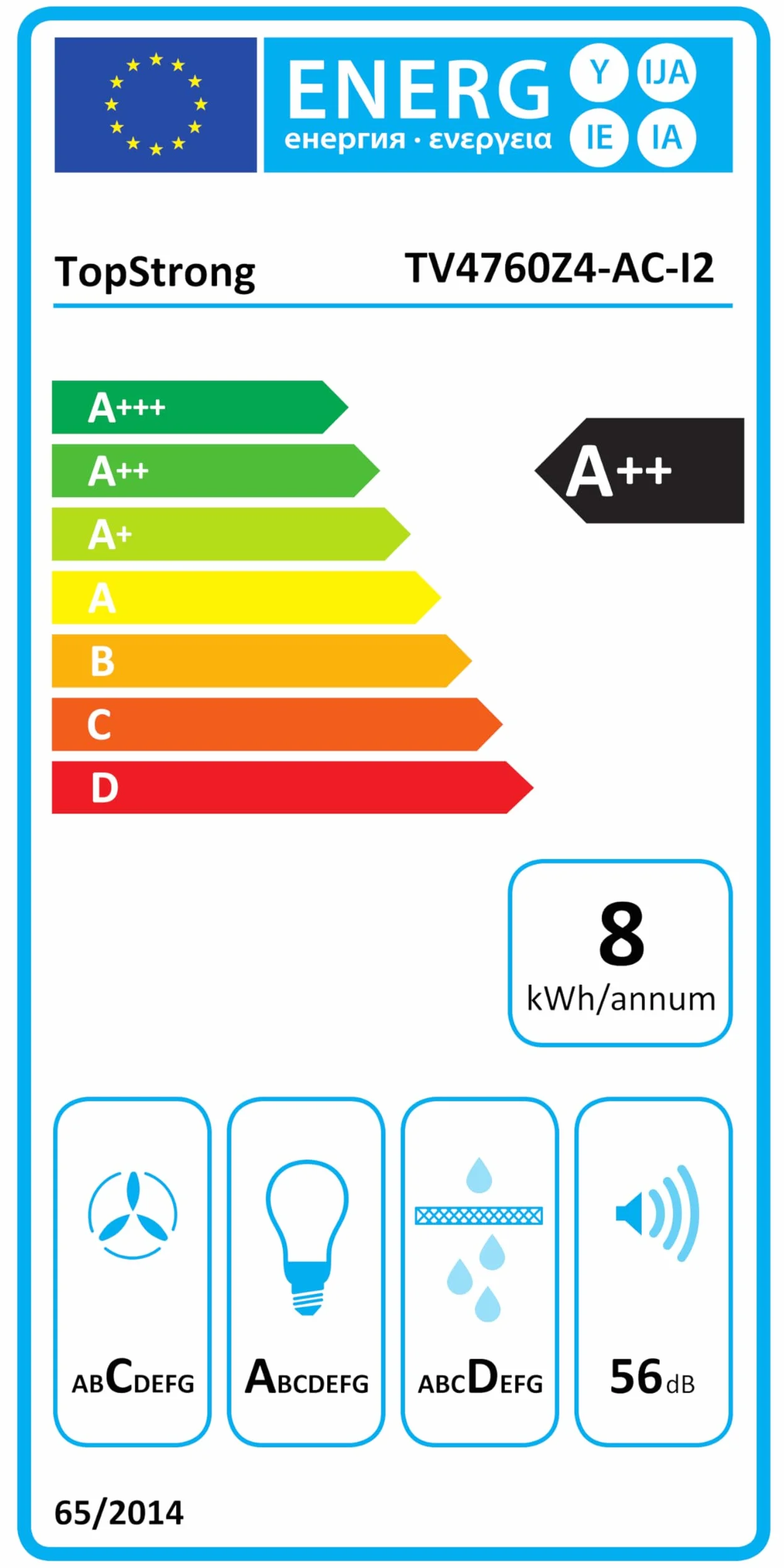 Campana Extractora 60 cm TopStrong Clase A++ Blanco 350m³/h 3 Niveles LED