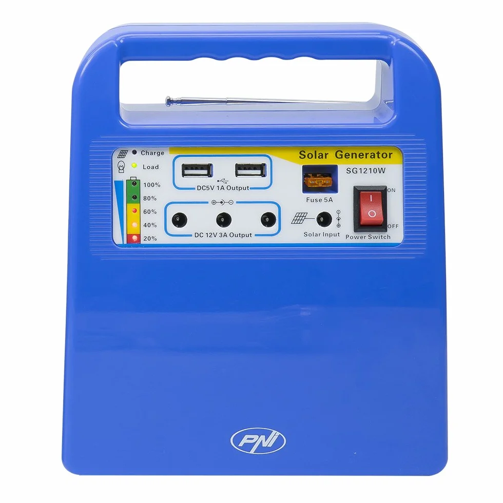 PNI Panel Solar, Sistema de energía Solar portátil, generador de energía Greenhouse H01 30W con batería de 12V / 7Ah, USB/Radio / MP3, 2 Bombillas LED