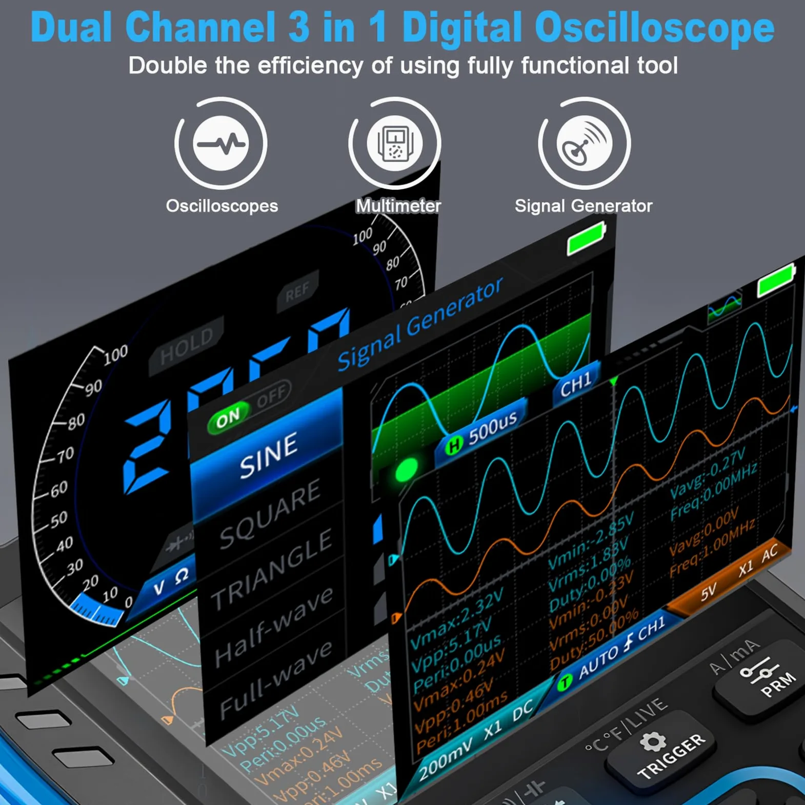 Osciloscopio Digital, Kethvoz 3 en 1 Multímetro 2C23T y Generador de Señales 50MS/s, 2 Canales/10MHz Ancho de Banda, Medición de Voltaje Corriente AC/DC Capacitancia Resistencia