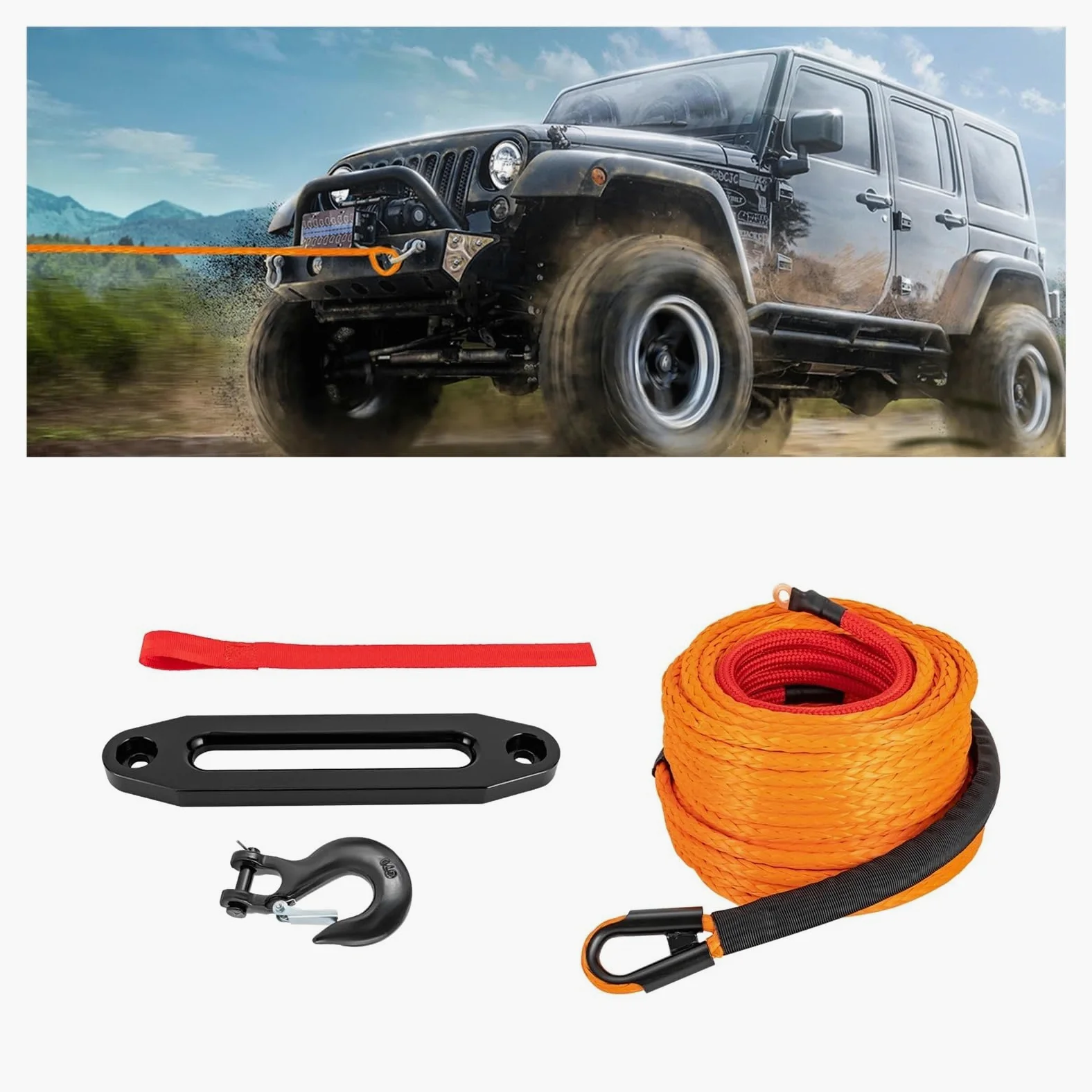 Cabrestante Manual, Cable de cabrestante sintético de 28 m (23809 lb) con gancho y guías for vehículos todoterreno 4x4, ATV, UTV y SUV (naranja)