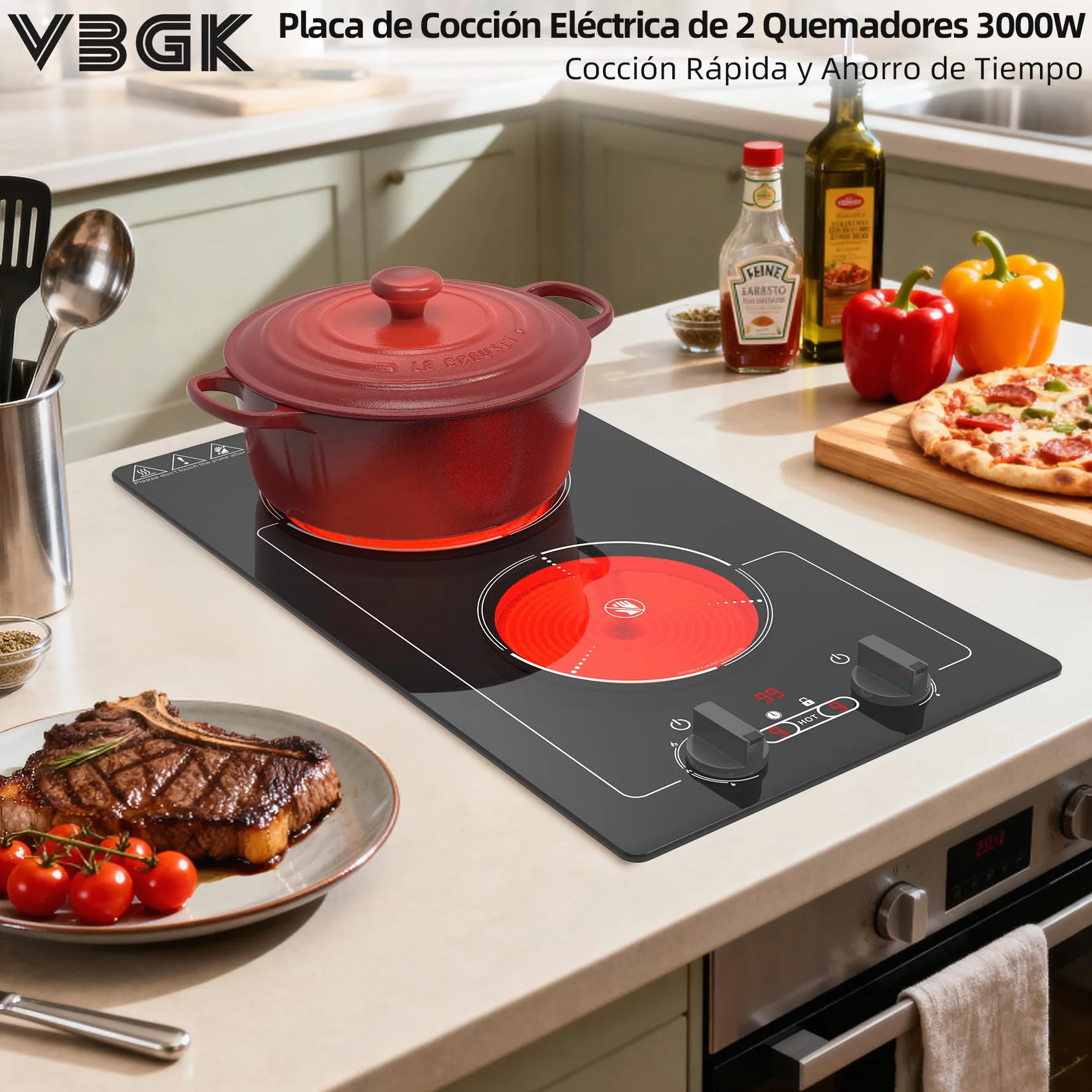 Placa Vitroceramica 2 Fuegos 220V 3000W Portatil con Enchufe, 9 Niveles, Bloqueo Infantil, Temporizador