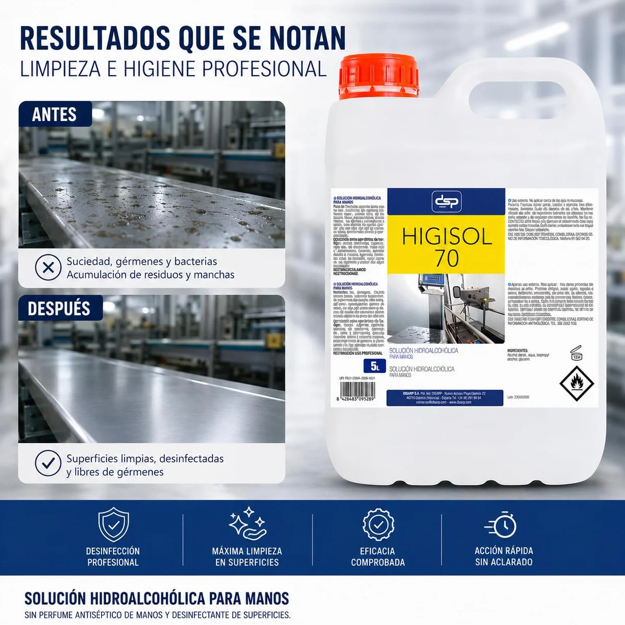 HIGISOL 70 SOLUCION HIGIENIZANTE HIDROALCOHOLICA ANTIBACTERIAS 5L