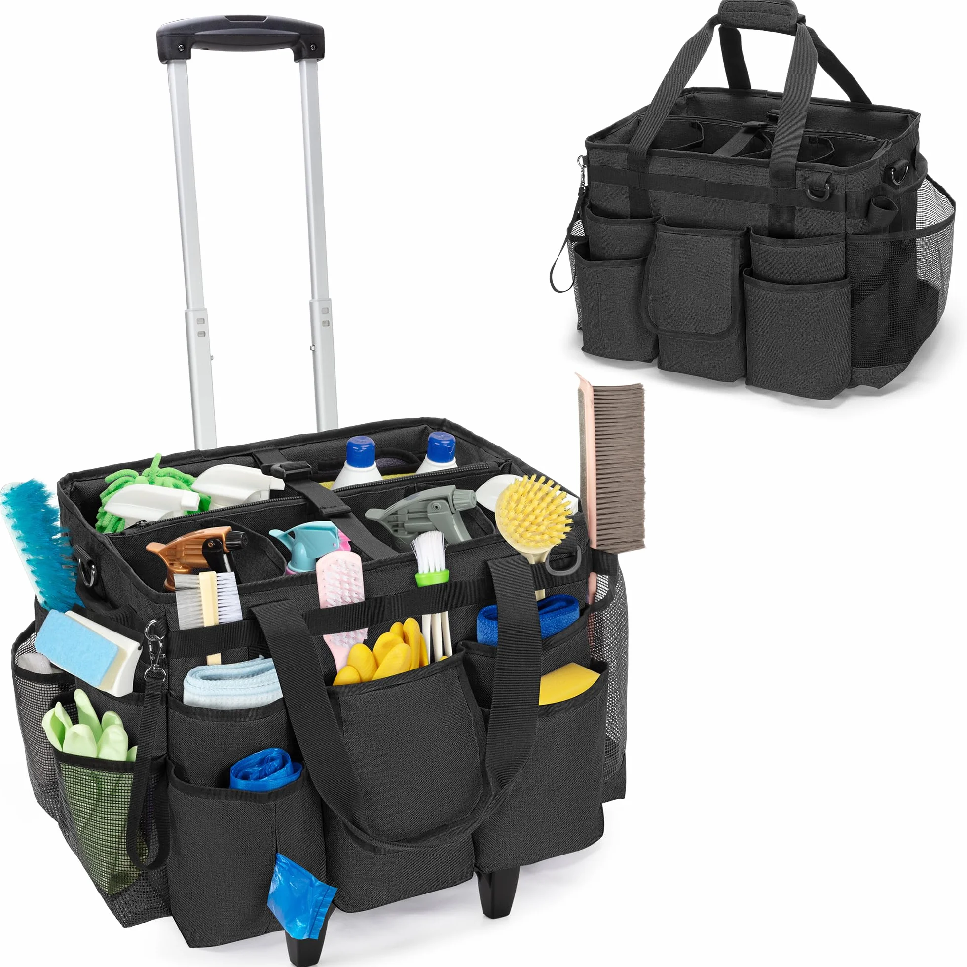 LoDrid Carrito de Limpieza rodante con Carrito Desmontable, Carrito de Limpieza portátil con Ruedas para Suministros de Limpieza, Bolsa de Limpieza Profesional con Correa para el Hombro para amas de
