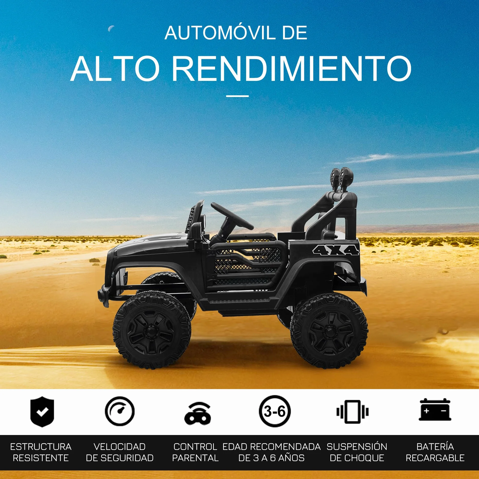 HOMCOM Coche Eléctrico para Niños 12V, Vehículo Todoterreno con 2 Motores, Control Remoto 2,4G, Negro