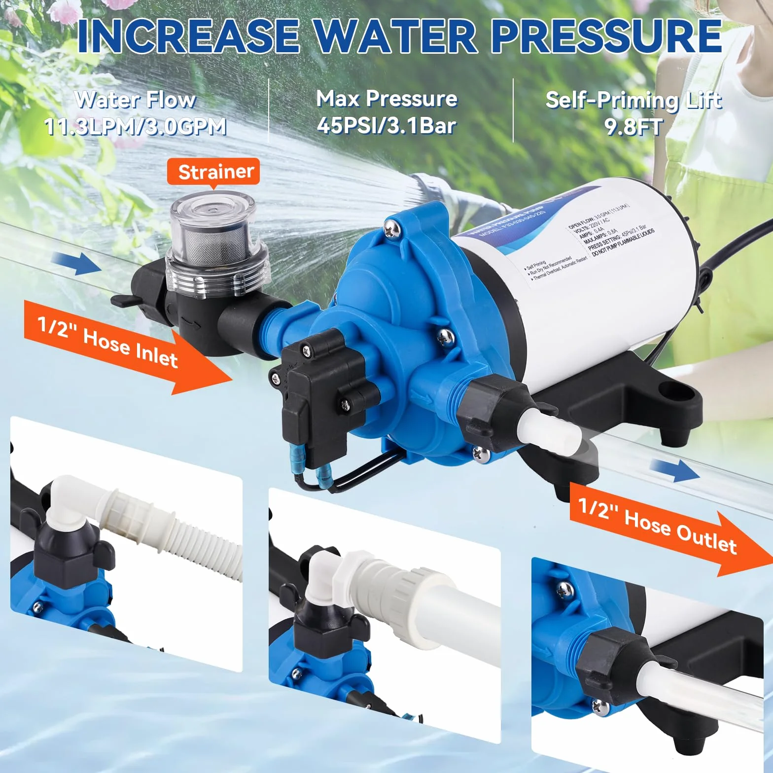 YUCHENGTECH Bomba de Membrana Autocebante 220V AC Bomba de Agua a Presión, 88W, 11.3 Lpm/min, 45 Psi/3.1 Bar Bomba de Agua Automática para Casa, Ducha, Jardín, RV Grifos