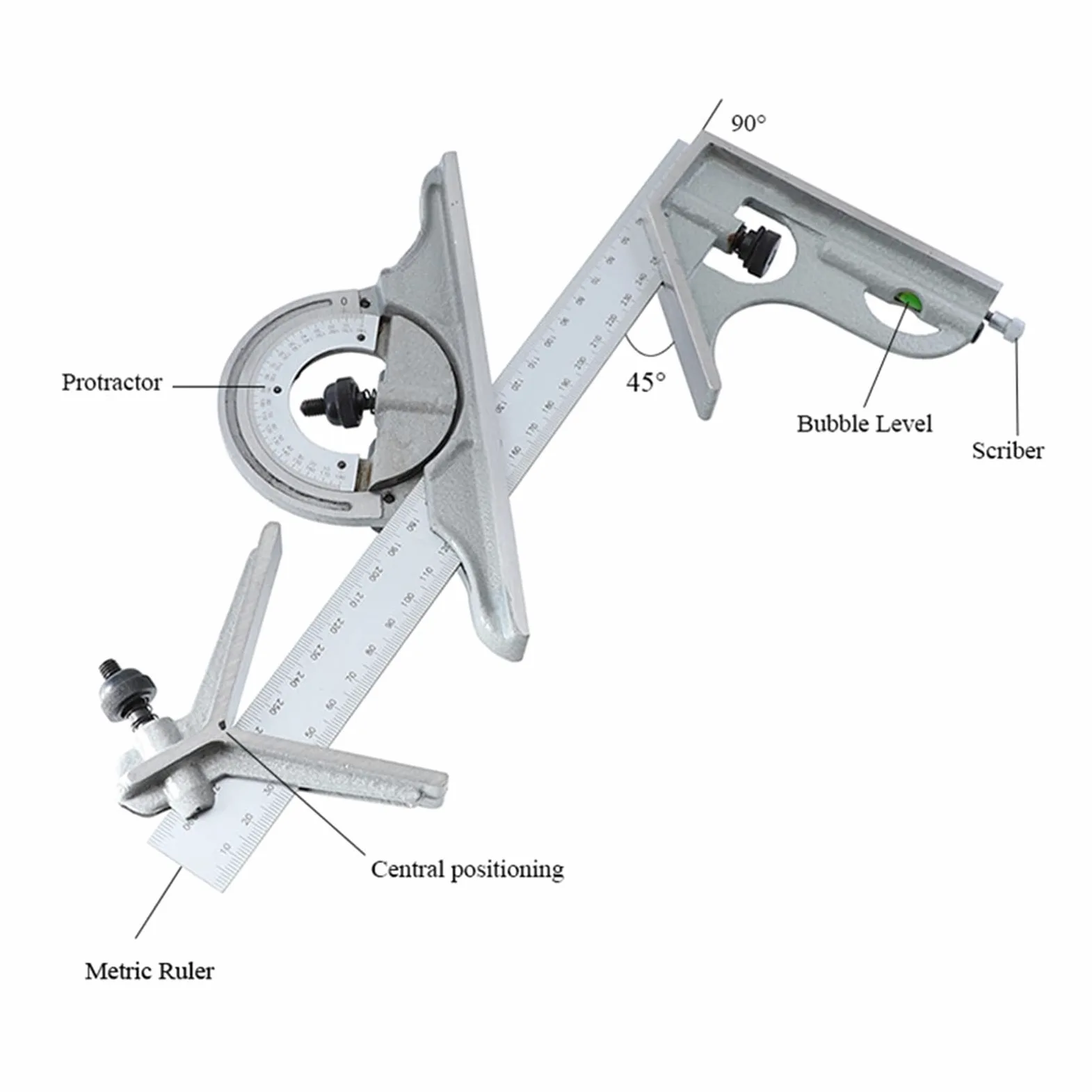 Cuadrado combinado de 0-180 grados 300 mm / 12 quot;Transportador de regla de ángulo ajustable con herramientas de carpintero de nivel de burbuja Herramientas de medición precisas