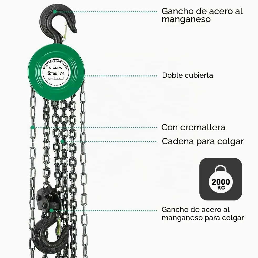 Polipasto de Cadena Manual con Gancho Resistente STANEW, Altura de Elevación 6,0 m, Verde,Doble Cadena de Carga,G80, Gancho de Elevación con Seguridad (2 toneladas 6,0 m)