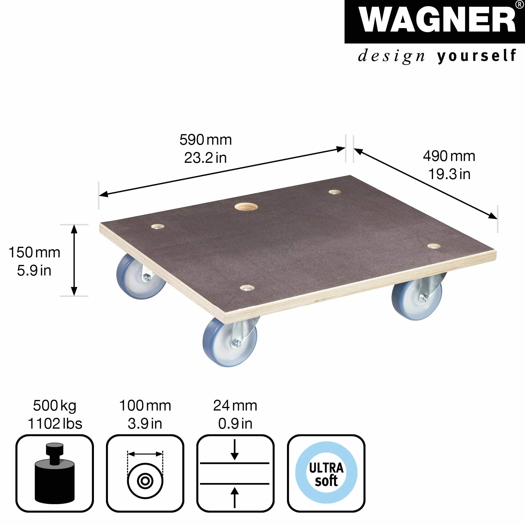 Wagner Plataforma de Carga MM 1145-59 x 49 cm - para Electrodomésticos y Muebles, 500 kg de Capacidad de Carga, Agujero de Agarre, Antideslizante, Certificado FSC® - 20114501