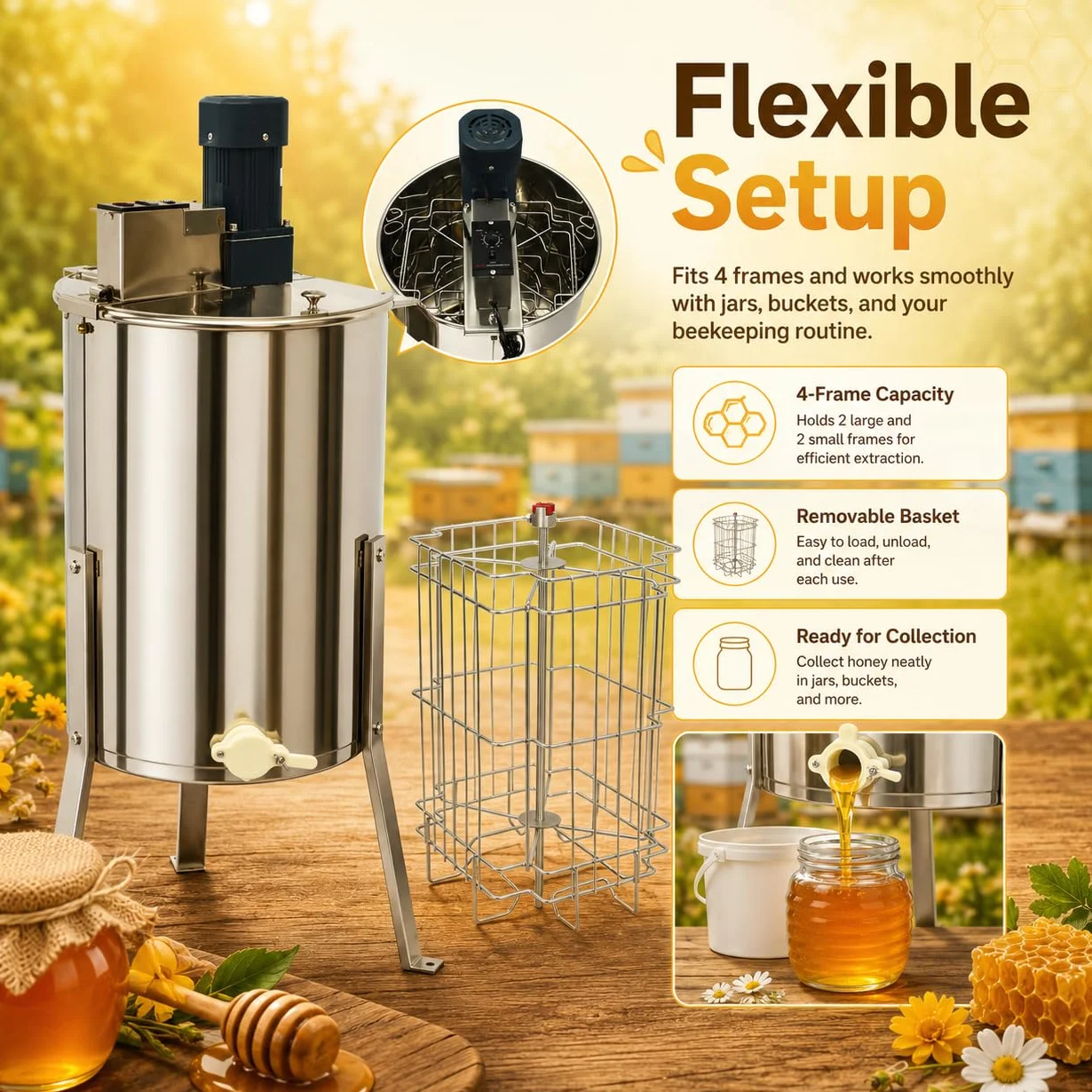 Extractor de miel eléctrico de 140 W, extractor de miel de acero inoxidable, 4 marcos, extractor de miel con tapa acrílica, centrifugadora tangencial eléctrica para la industria de la miel