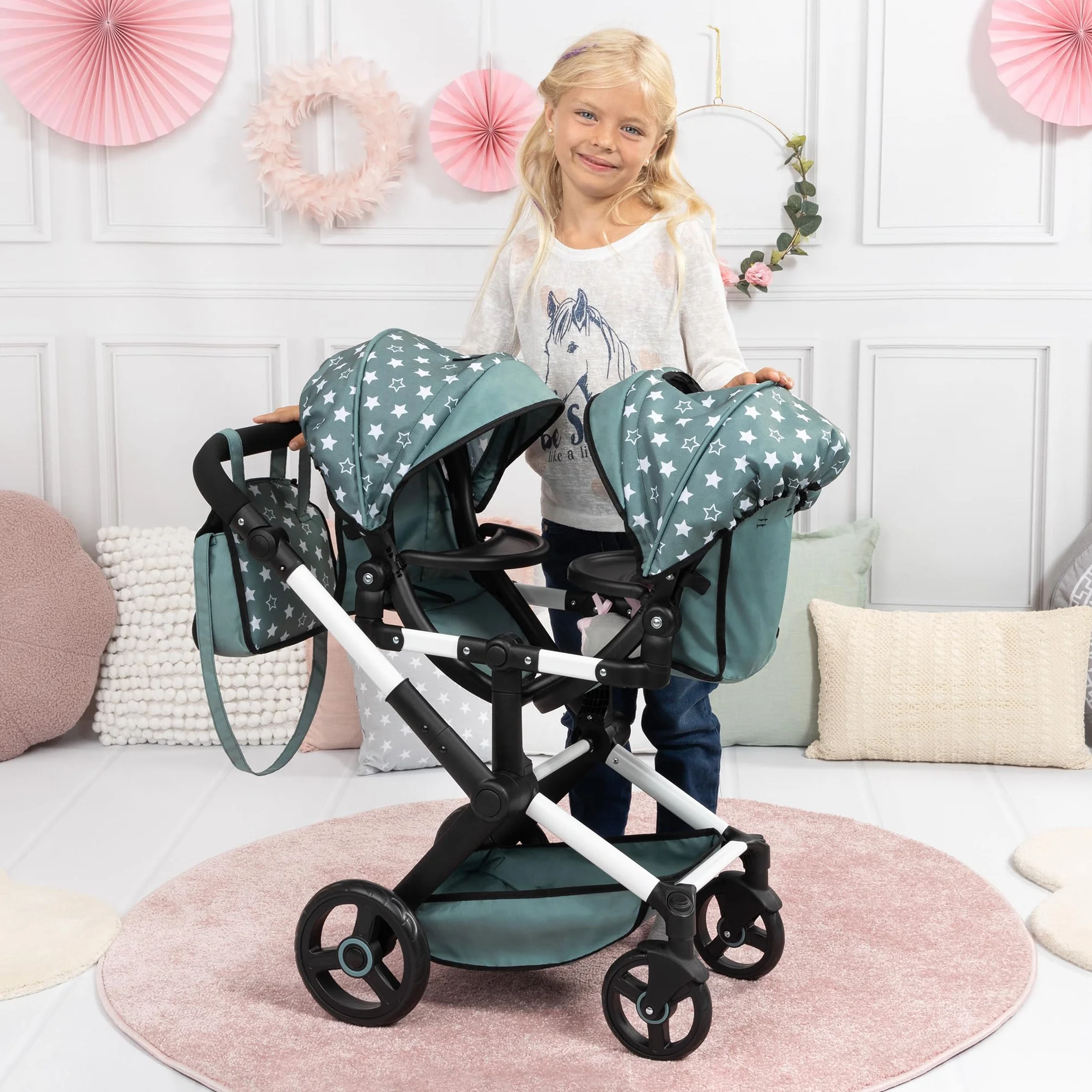 Bayer Design Twin Xeo Cochecito de muñeca gemelas Carrito Doble Altura Regulable