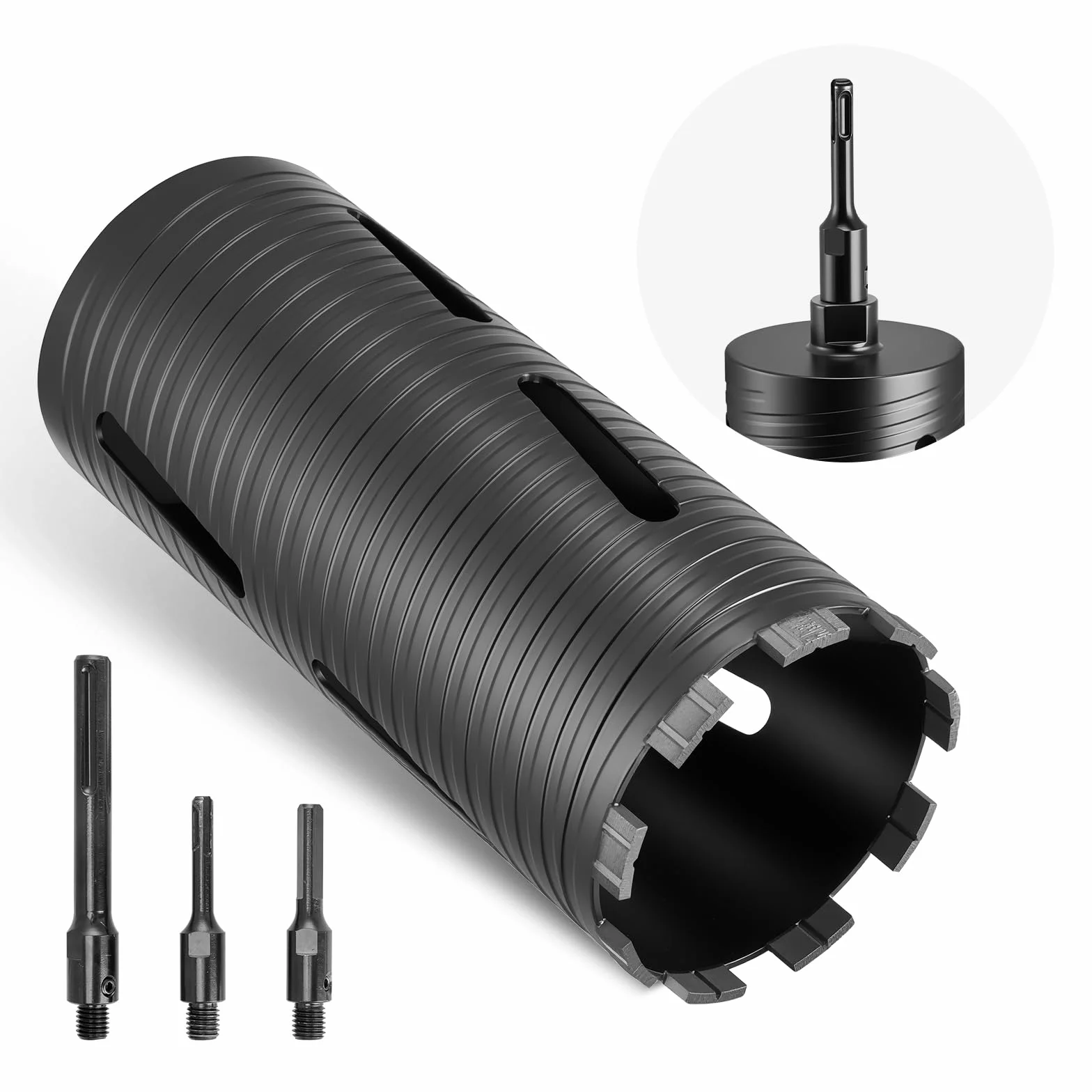 VEVOR Broca de Corona para Perforación en Seco, 102 mm Diámetro, 241 mm Profundidad, Rosca Interna M16, con 3 Adaptadores, Broca Piloto, Llave Hexagonal a Hormigón Armado, Ladrillo y Mampostería