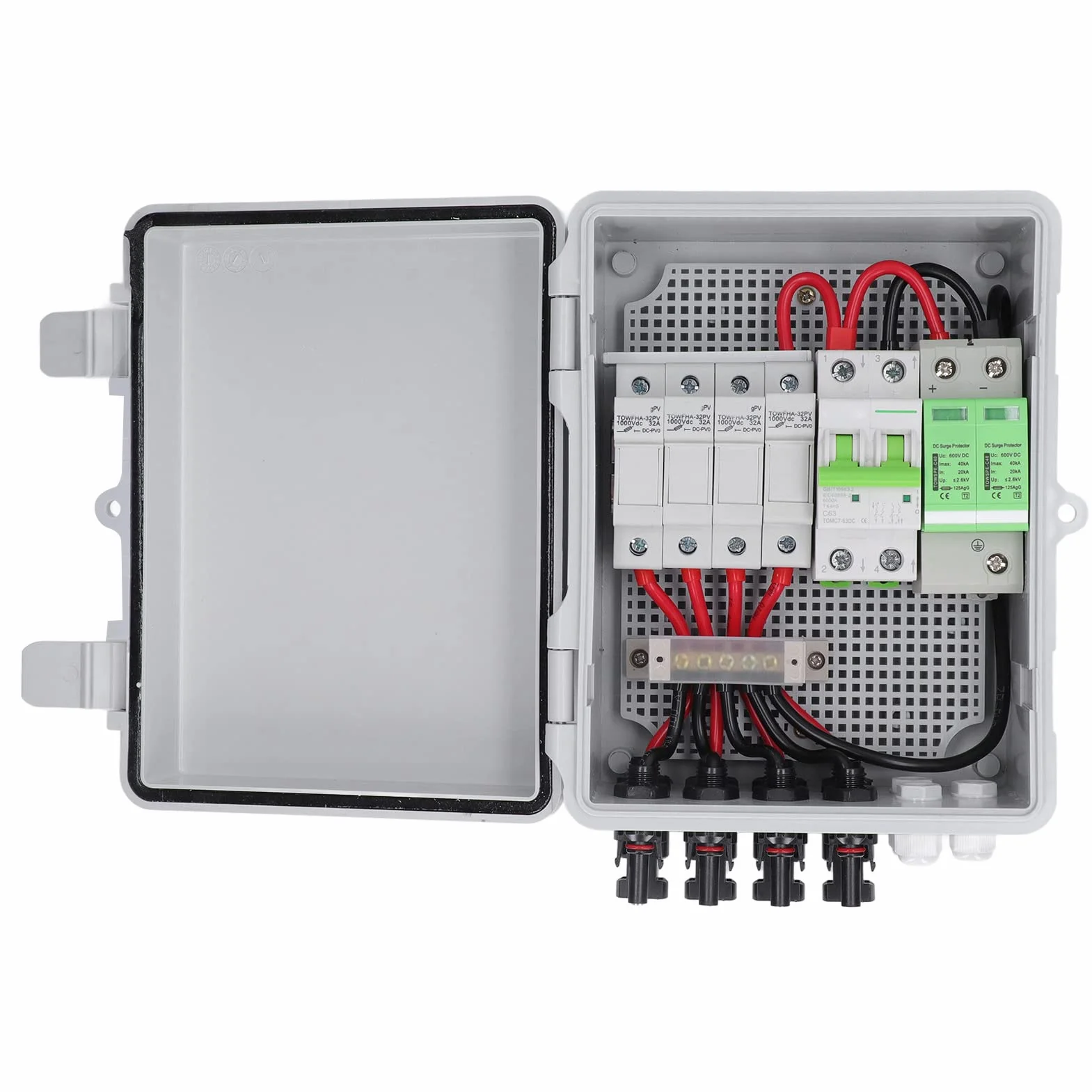 Caja Combinadora Fotovoltaica de 4 Cuerdas con Fusible de Corriente Nominal de 15 A y Disyuntor Solar de CC de 63 A, Caja Combinadora Solar A Prueba de Agua IP65 Pararrayos para Sistema de Panel