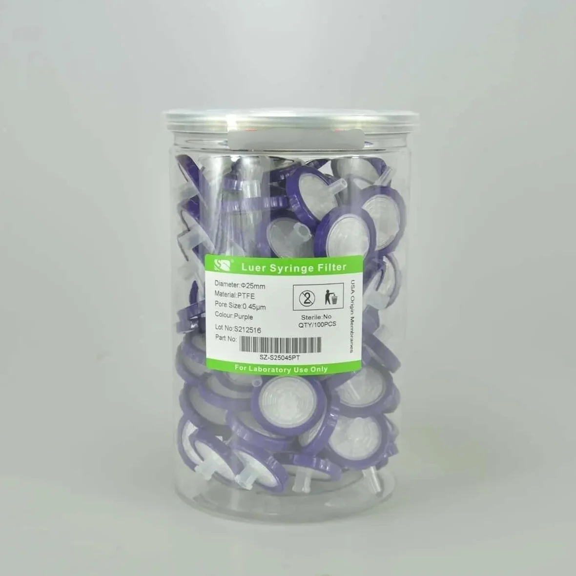 Filtro de jeringa de laboratorio OD = 25 mm, 0,45 um, hecho de PTFE, 100 unidades por paquete